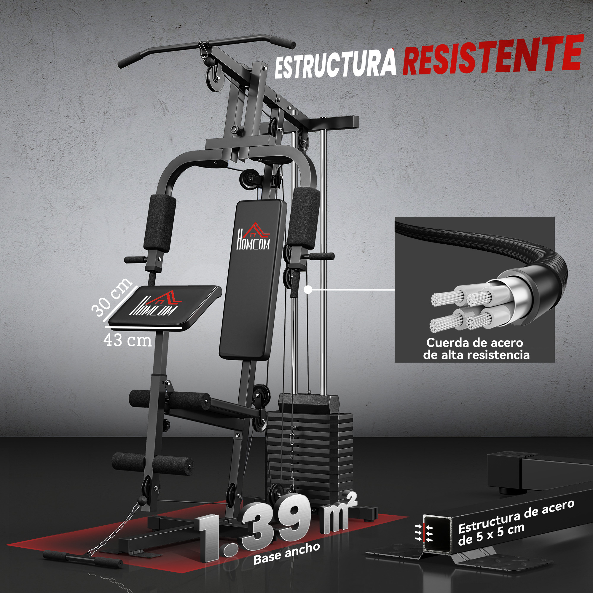 Máquina de gimnasio en casa negra con pesas, cables y barra de dominadas.