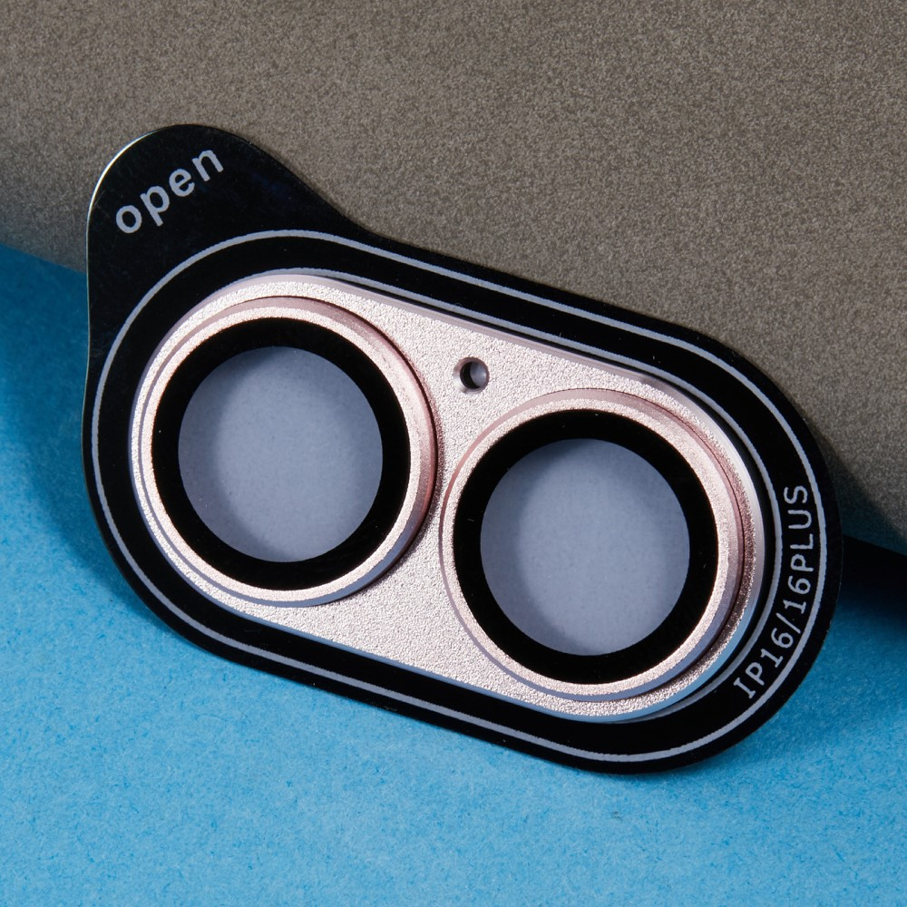 Protecteur double caméra or rose avec « open » et « IP16/16PLUS ».