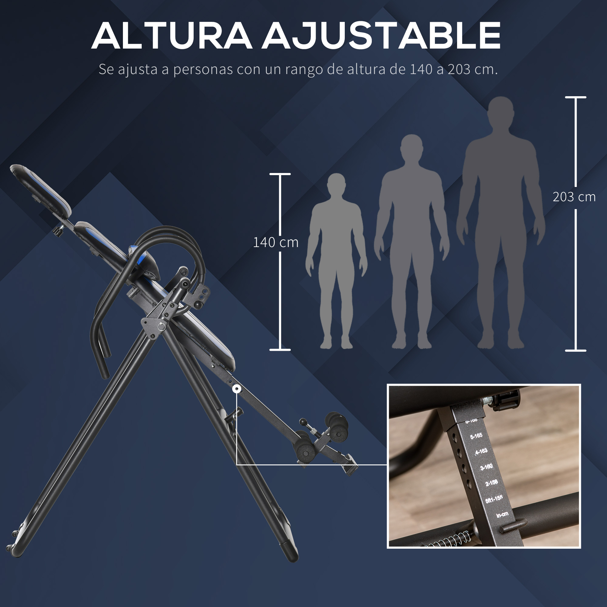 Mesa de inversión ajustable con escala de altura de 140-203 cm.
