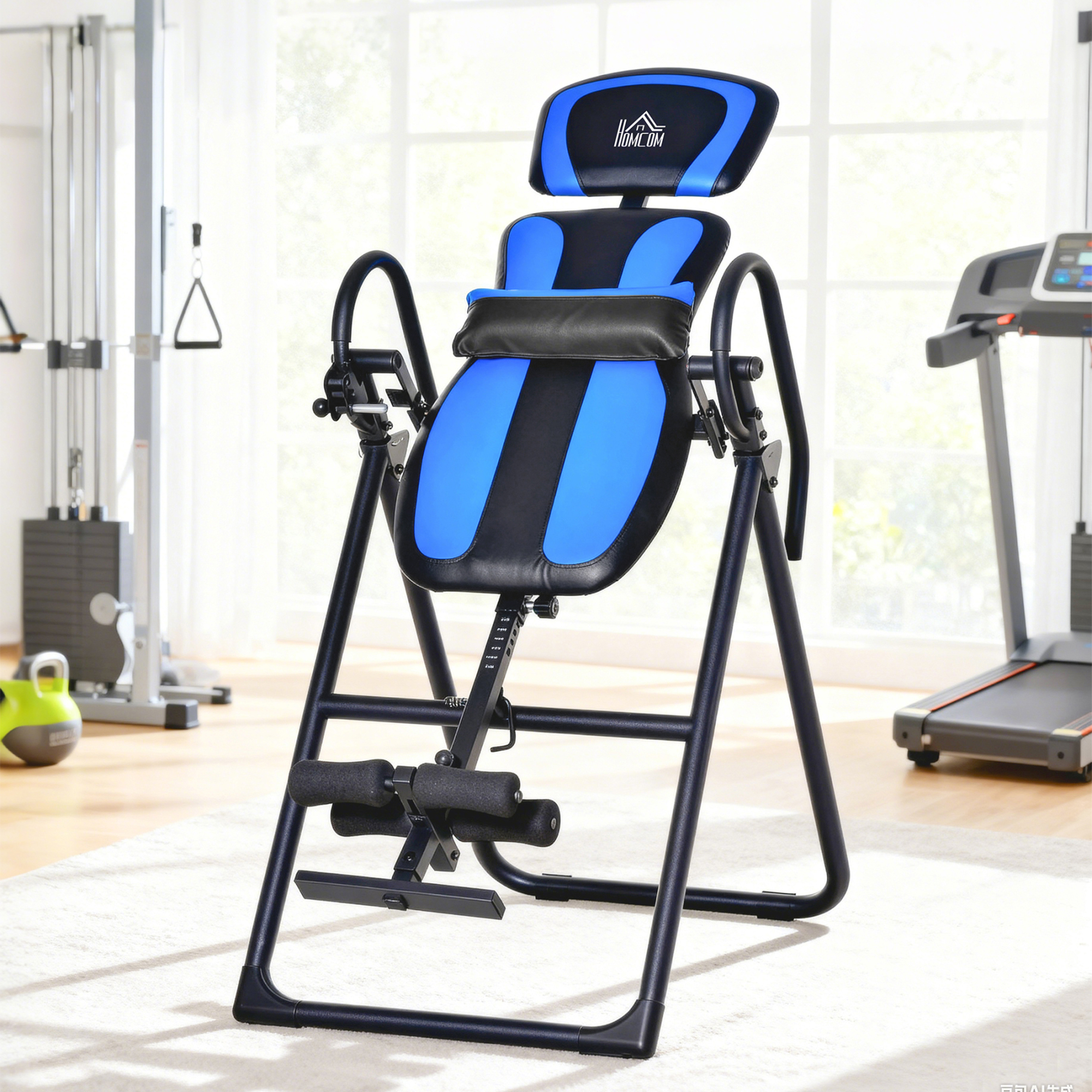 Una mesa de inversión azul y negra en un gimnasio con cinta y pesas.