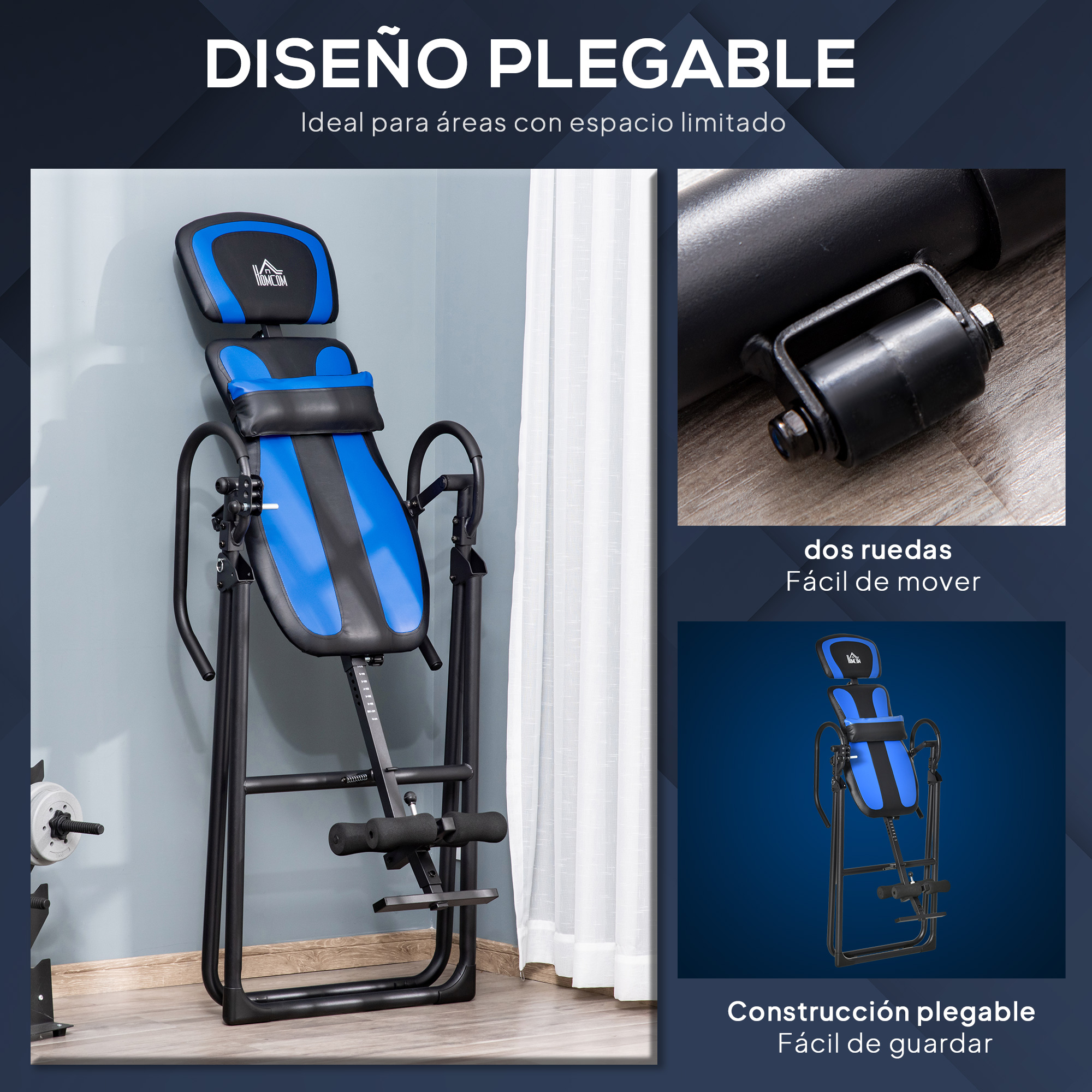 Una mesa de inversión plegable azul y negra está en una habitación.