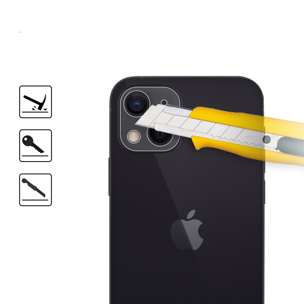 Un cutter jaune égratine le dos d'un iPhone noir avec logo Apple.