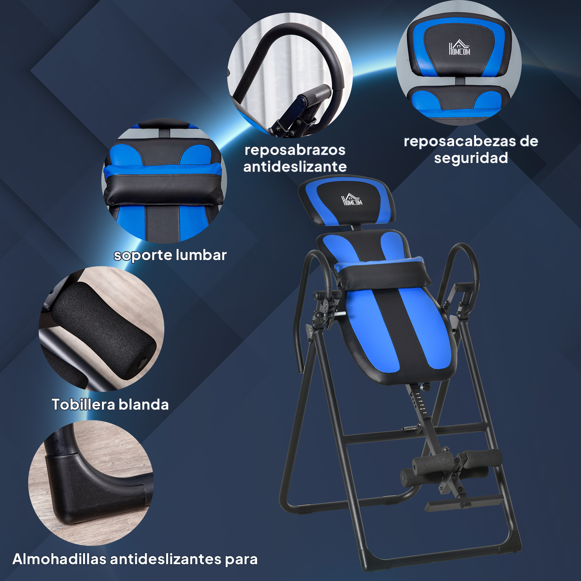 Una mesa de inversión azul y negra con detalles: soporte lumbar, reposapiés suave, reposabrazos.