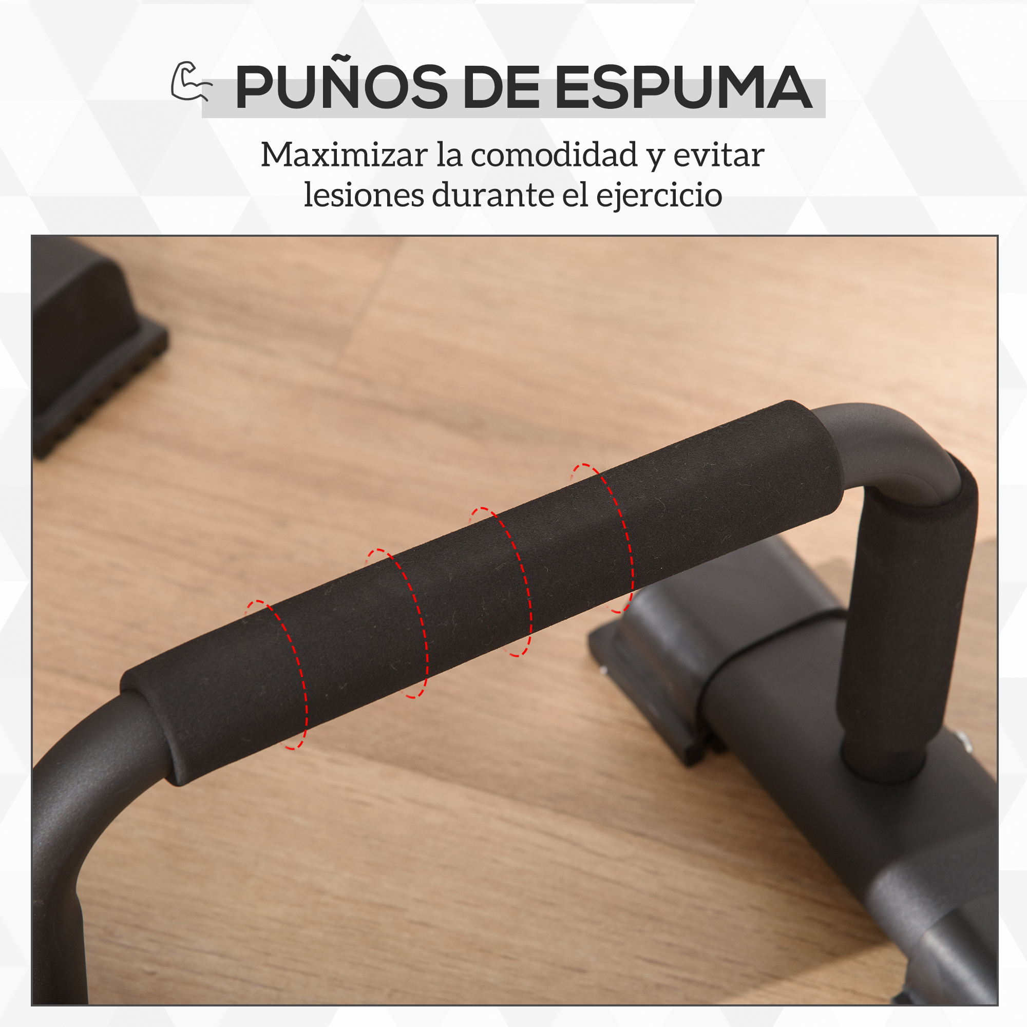 Primer plano de agarres de espuma negros para equipos de fitness en suelo de madera.