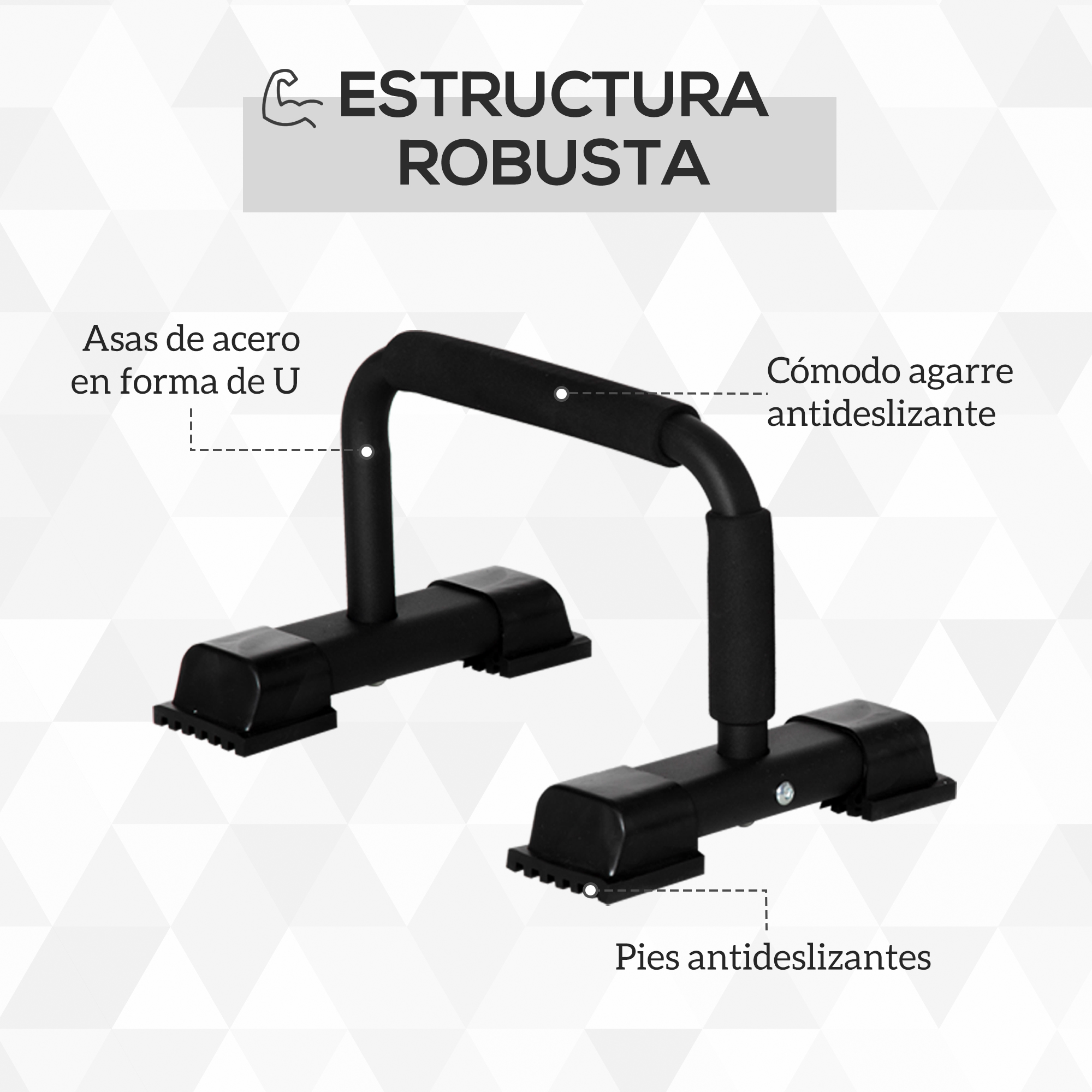 Equipo de entrenamiento negro con asas de acero en U y pies antideslizantes.
