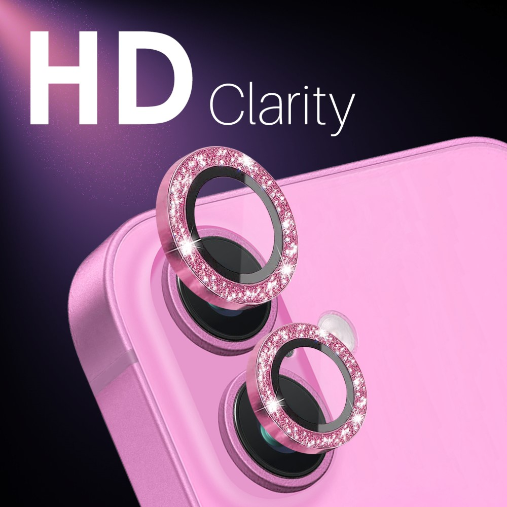 Retro del telefono rosa con due obiettivi della fotocamera, ognuno con anello di diamanti rosa.