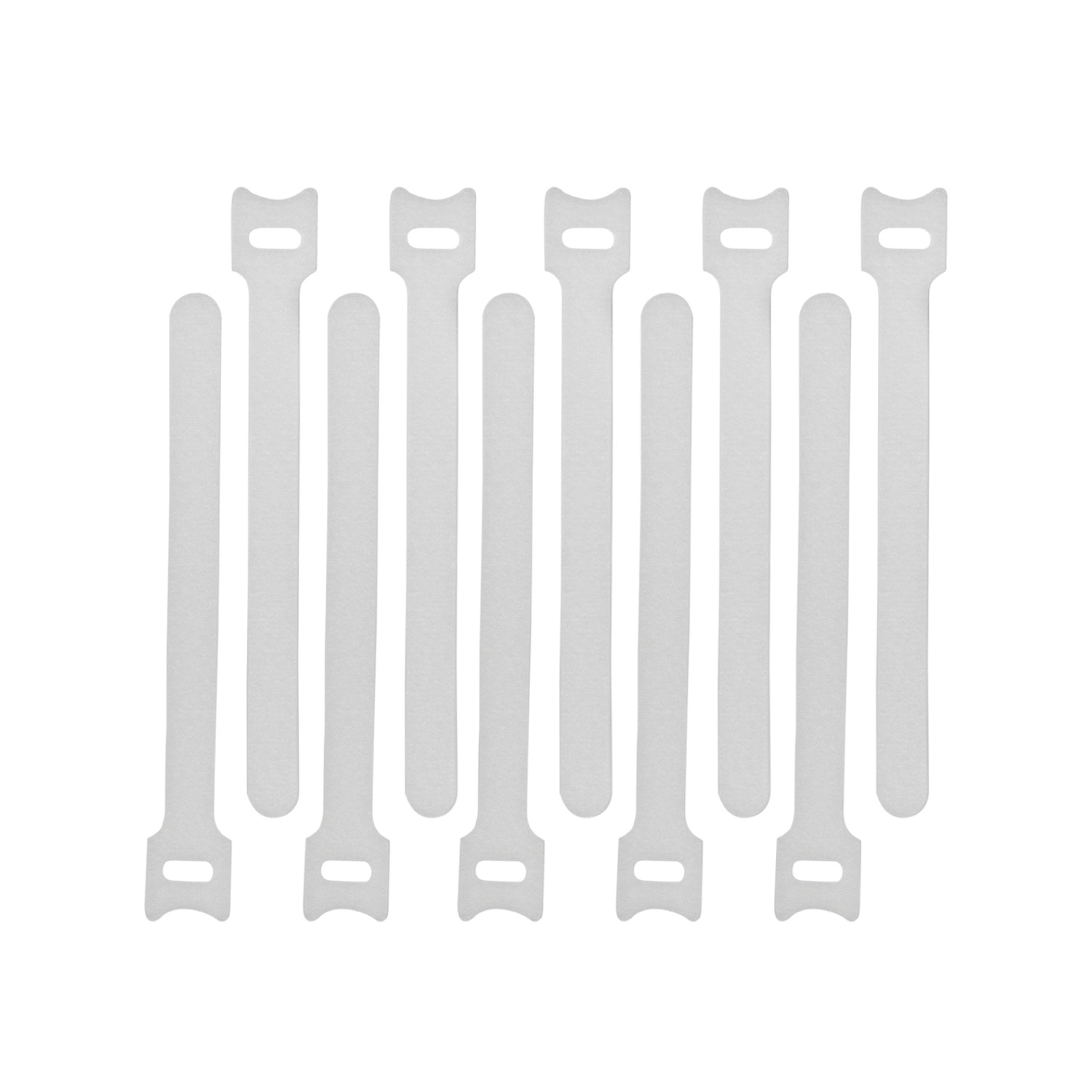 Un gruppo di sette fascette per cavi in velcro bianche disposte in uno schema sparso su sfondo bianco.