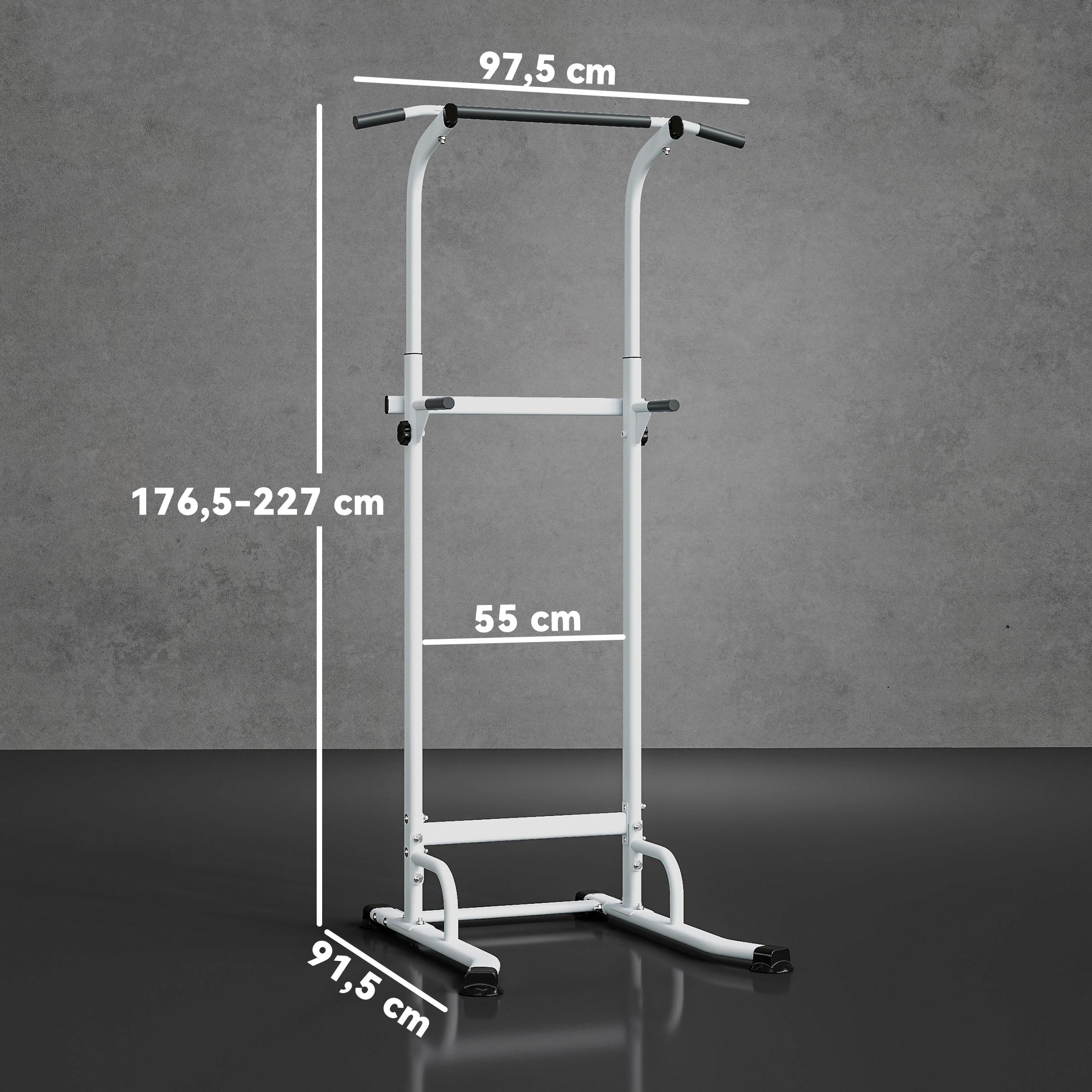 Torre de dominadas blanca con medidas: 97,5 cm ancho, 176,5-227 cm alto, 55 cm fondo.