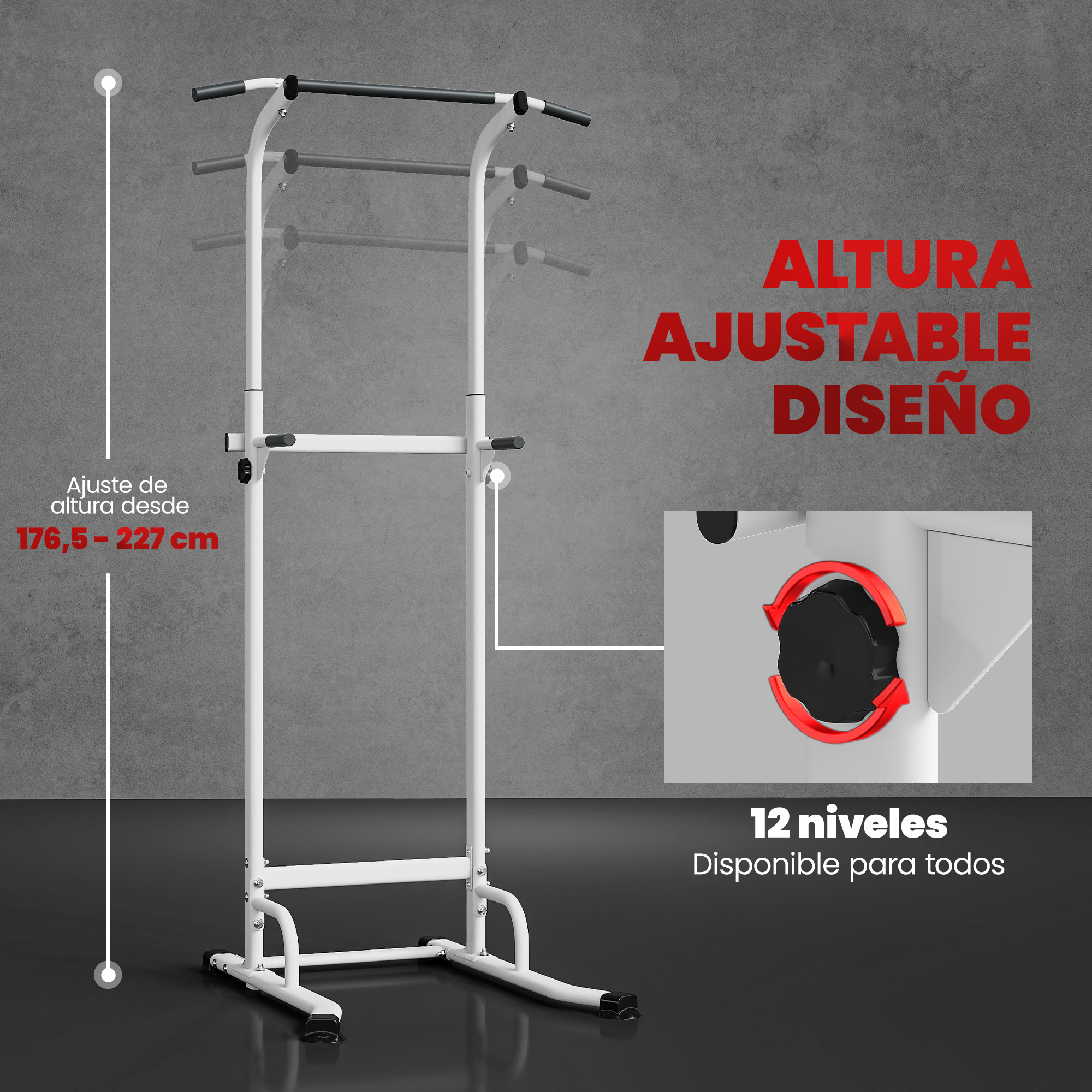 Torre blanca ajustable para dominadas con flechas rojas y texto.