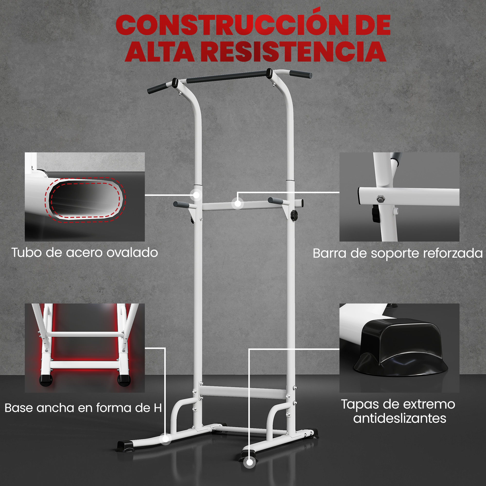 Una torre de dominadas blanca con base en forma de H y tubos de acero.