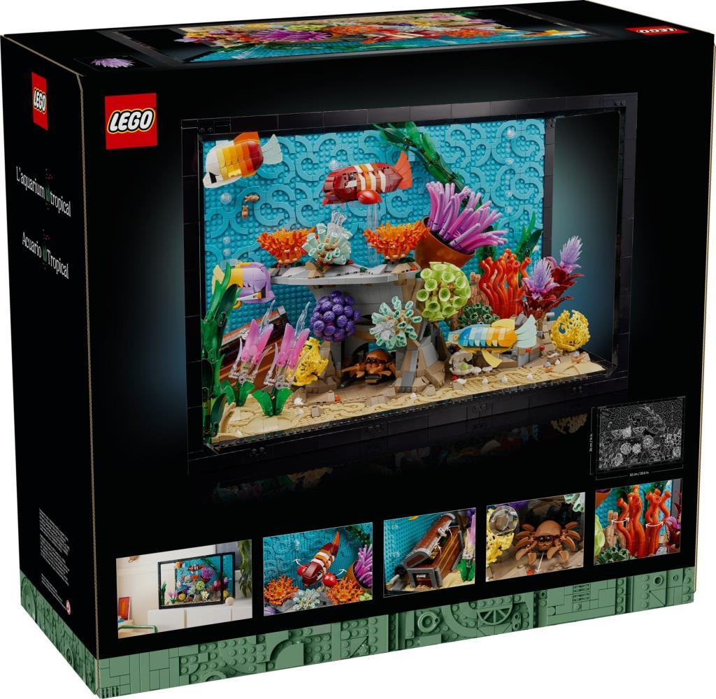 Renkli balıklar, mercanlar ve deniz canlıları içeren LEGO akvaryum yapım seti.