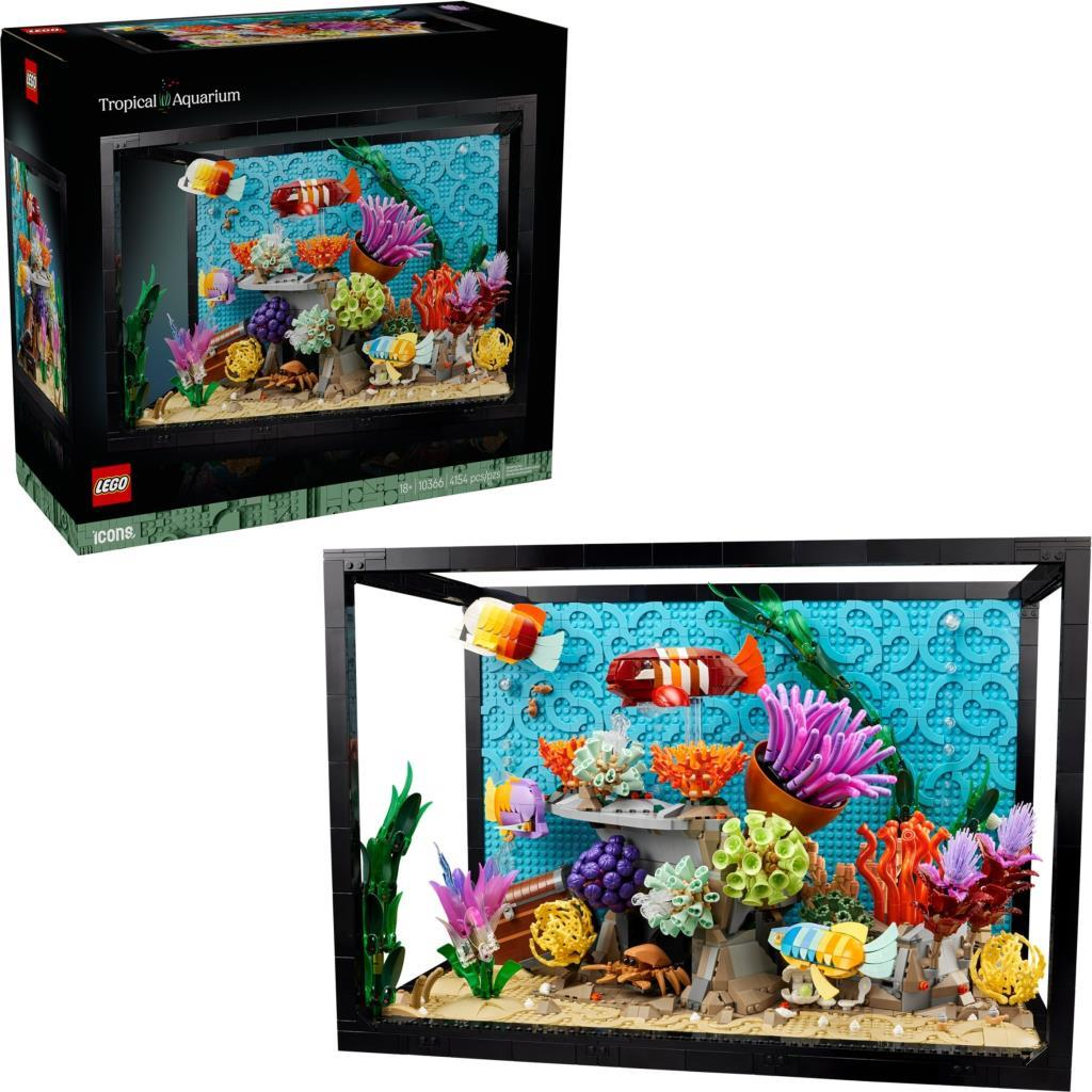 Palyaço balığı ve renkli mercanlarla tropikal bir akvaryumun LEGO modeli.