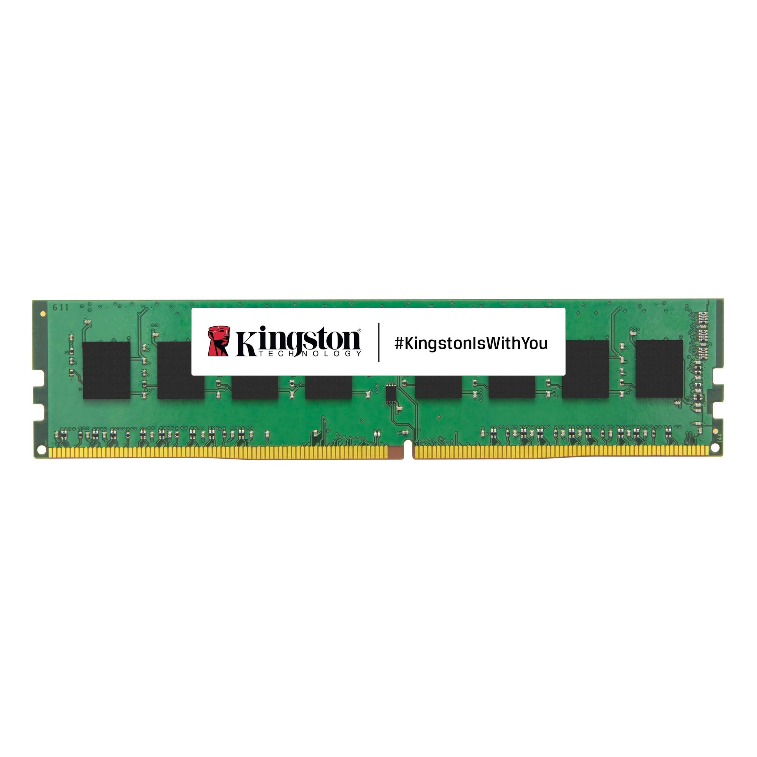 Un modulo RAM verde con logo Kingston e hashtag su sfondo bianco.