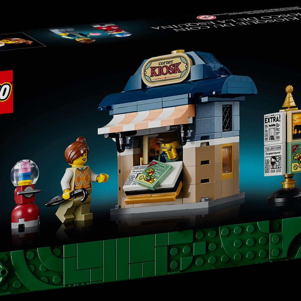 Chiosco d'angolo Lego con figure, distributore di gomme e edicola.