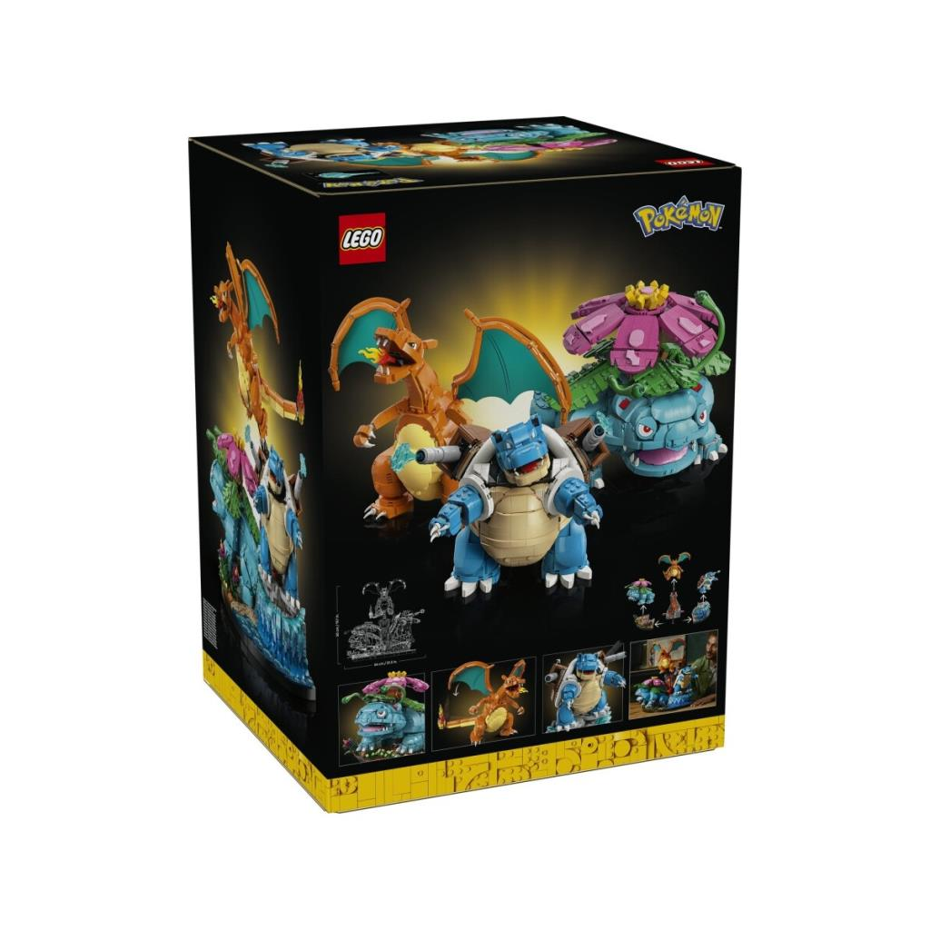 Scatola Lego con modelli Pokémon: Blastoise, Charizard e Venusaur.