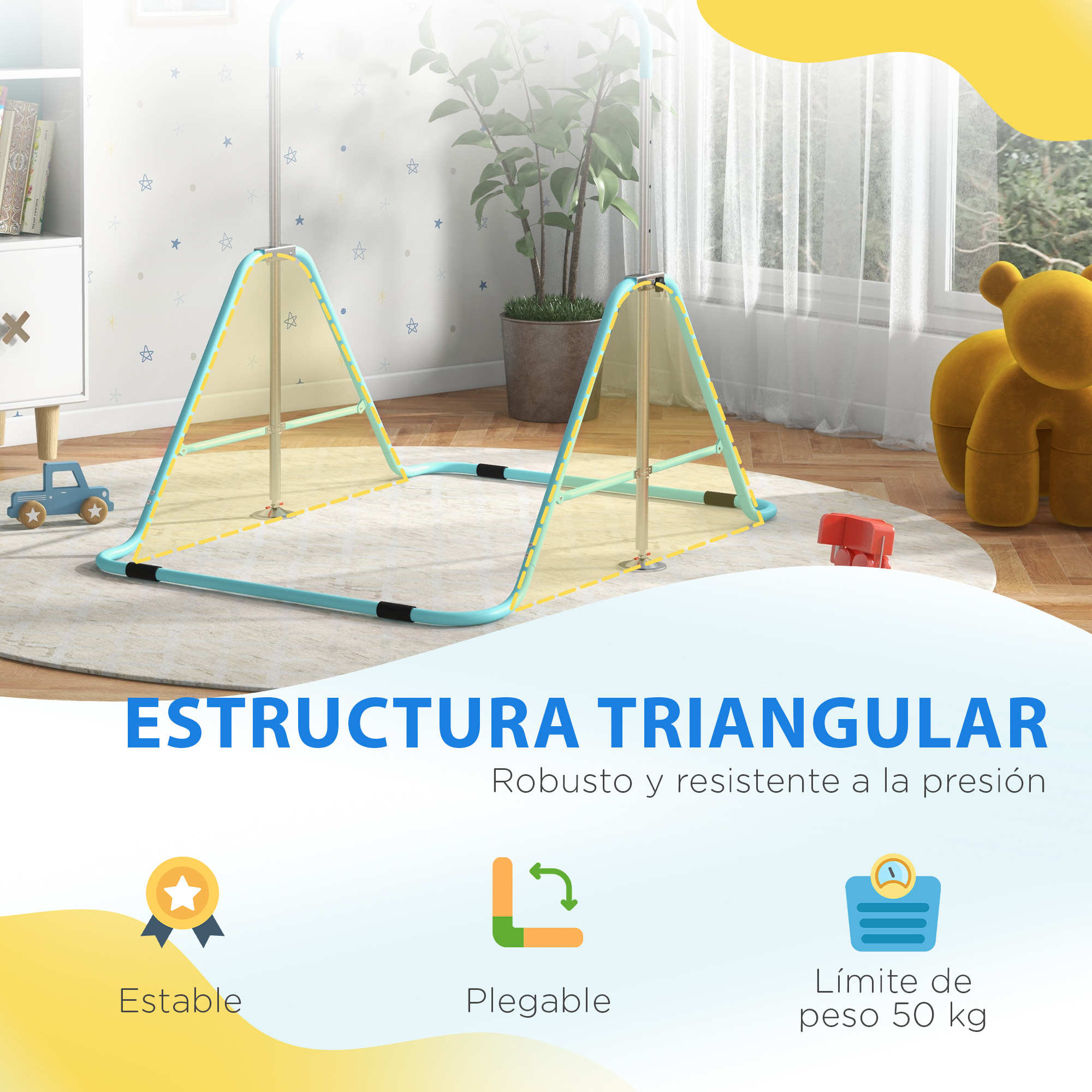 Una estructura de juego triangular turquesa sobre una alfombra en una habitación infantil.