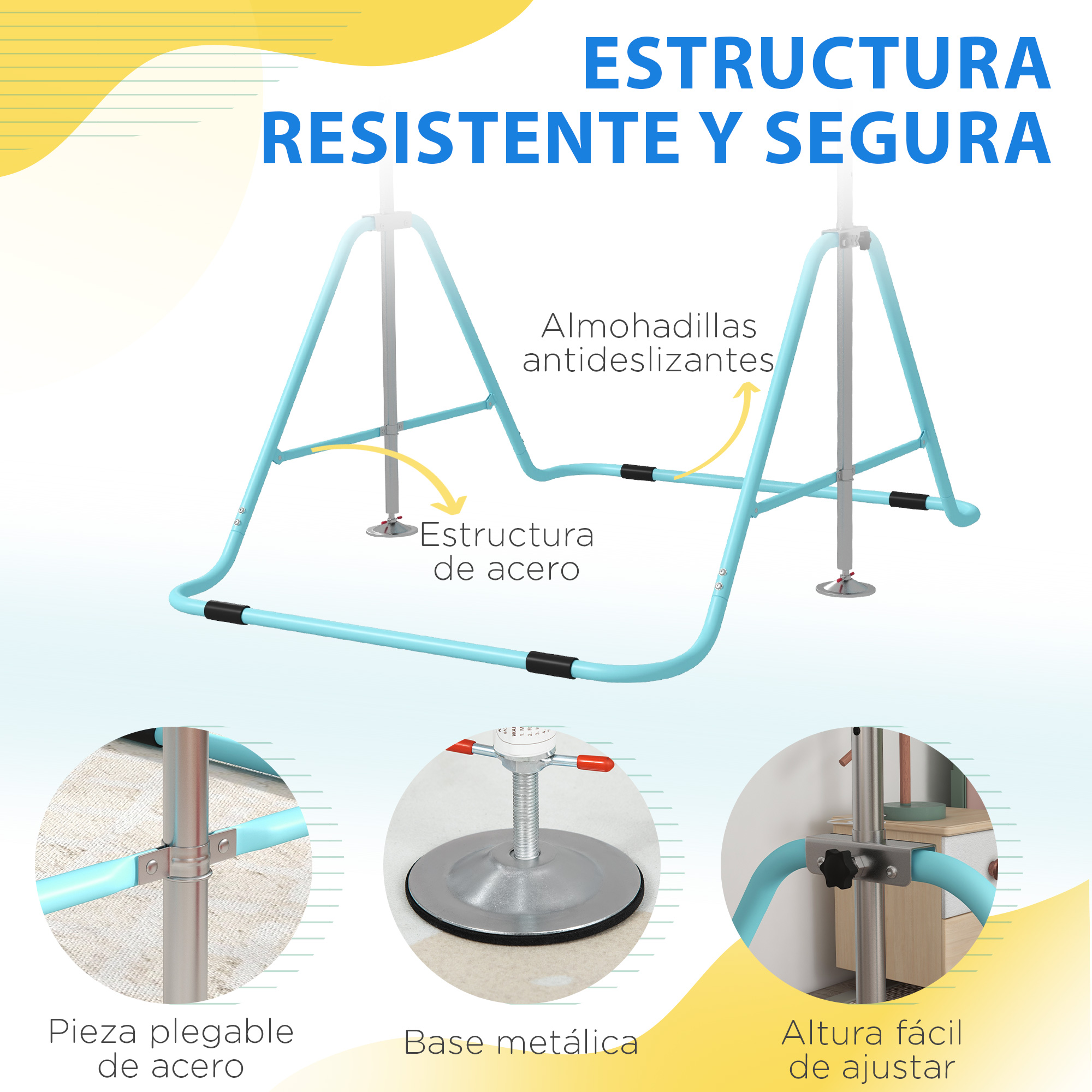 Estructura de acero azul claro con almohadillas antideslizantes y base ajustable.