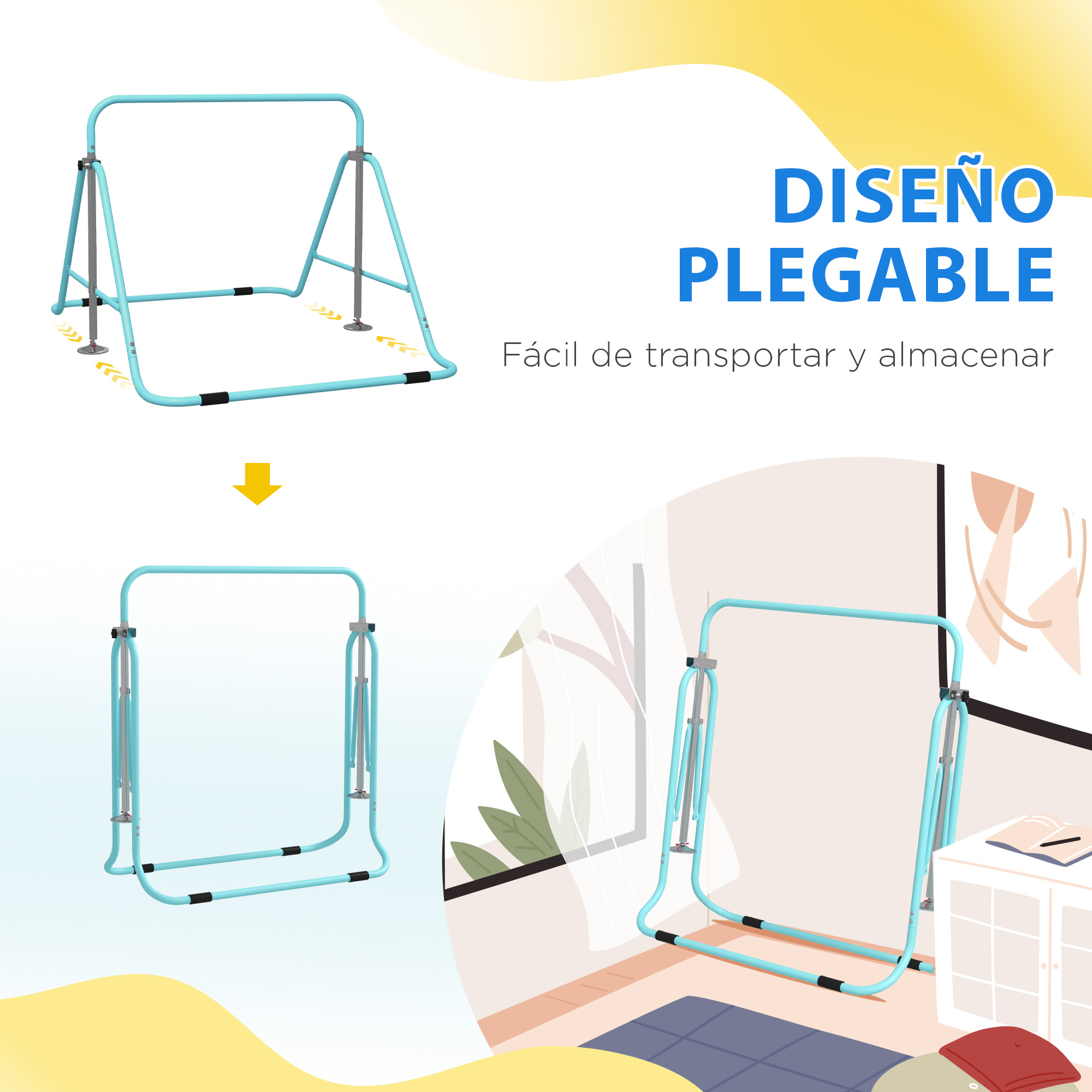 Una barra de gimnasia turquesa plegable para niños se muestra en una habitación.