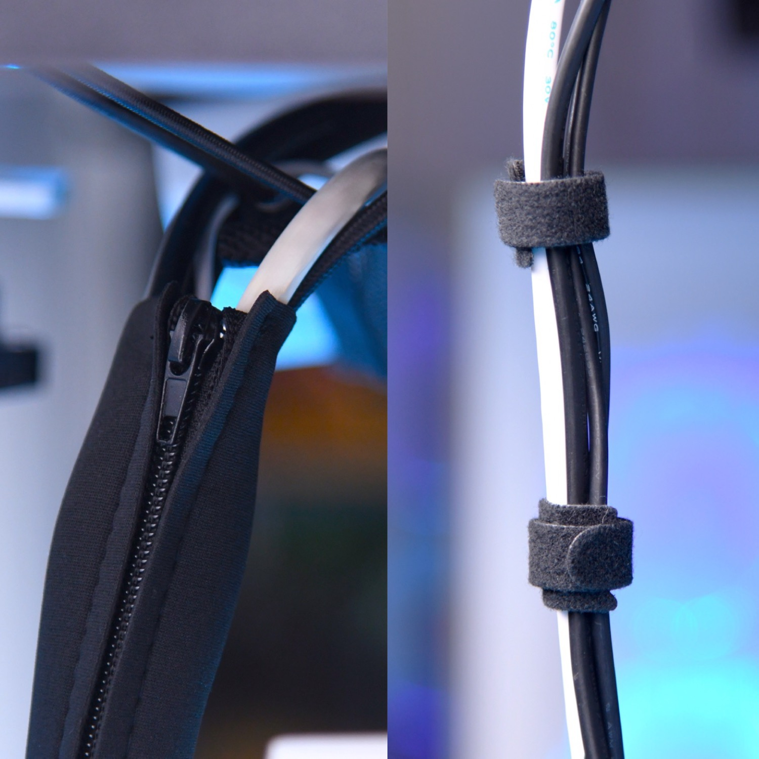 Primo piano di una cerniera nera su una guaina in tessuto e cavi bianco/neri tenuti da cinghie in velcro.