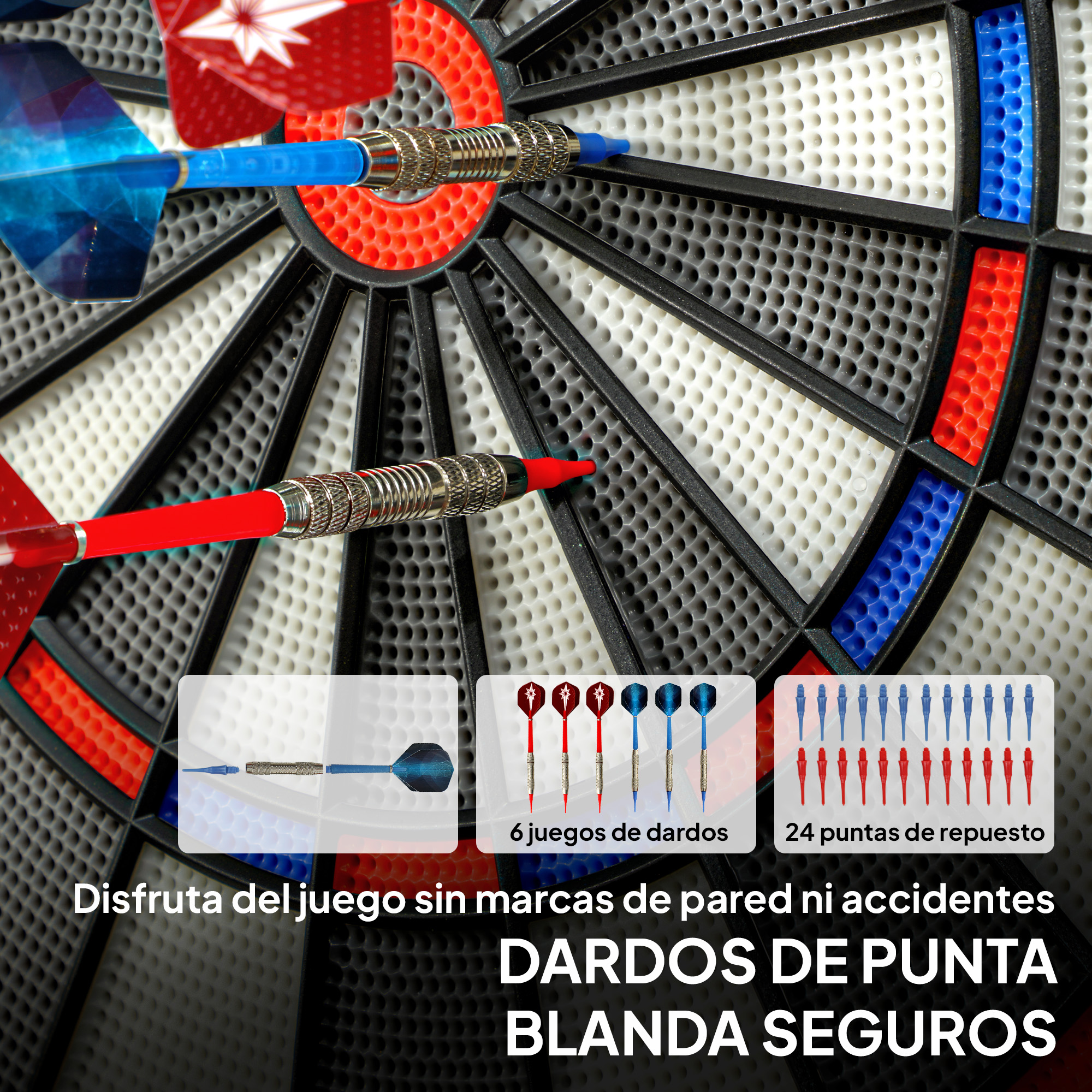 Tablero de dardos con dardos rojos y azules insertados. Se muestran accesorios.