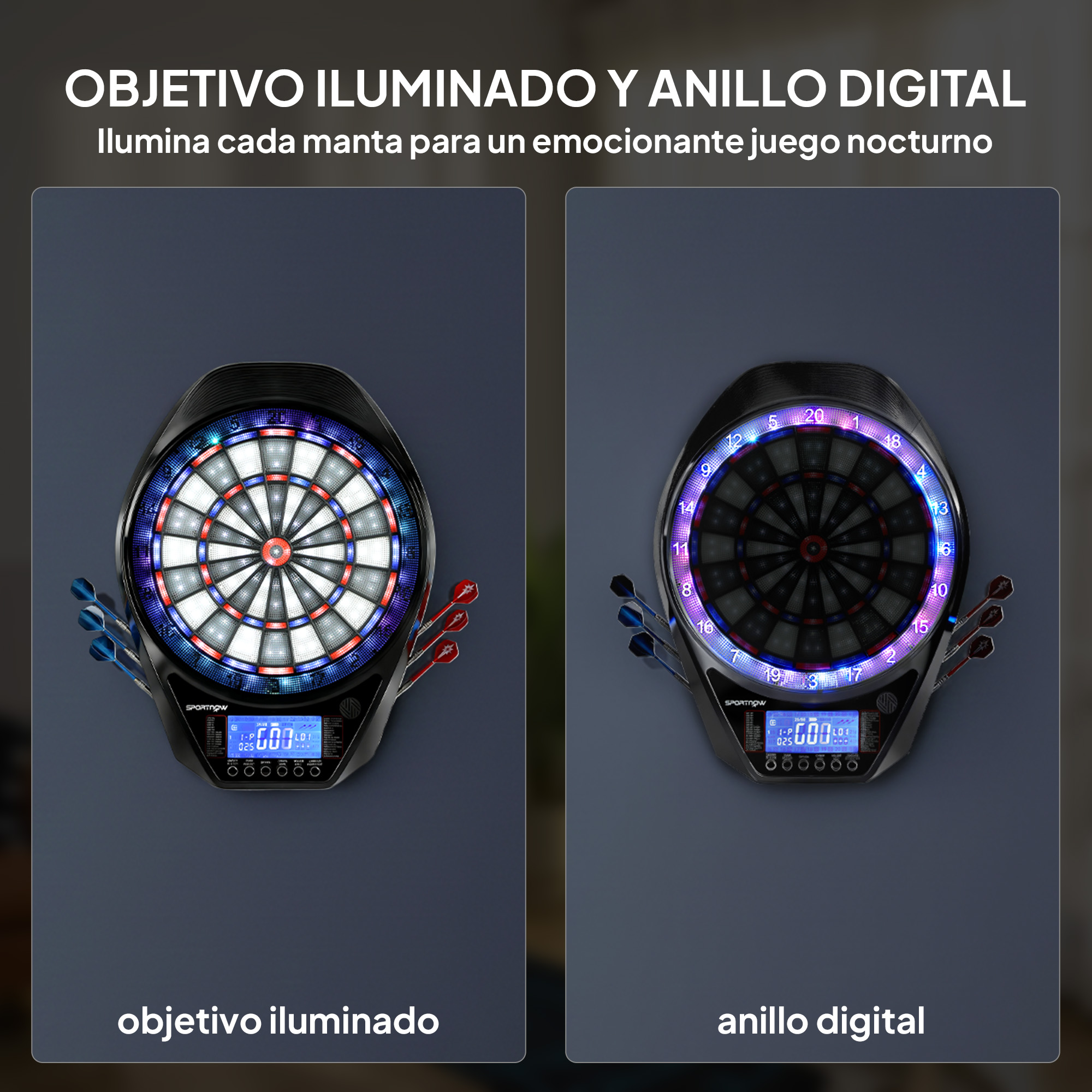 Dos dianas iluminadas con pantallas digitales y dardos al lado.