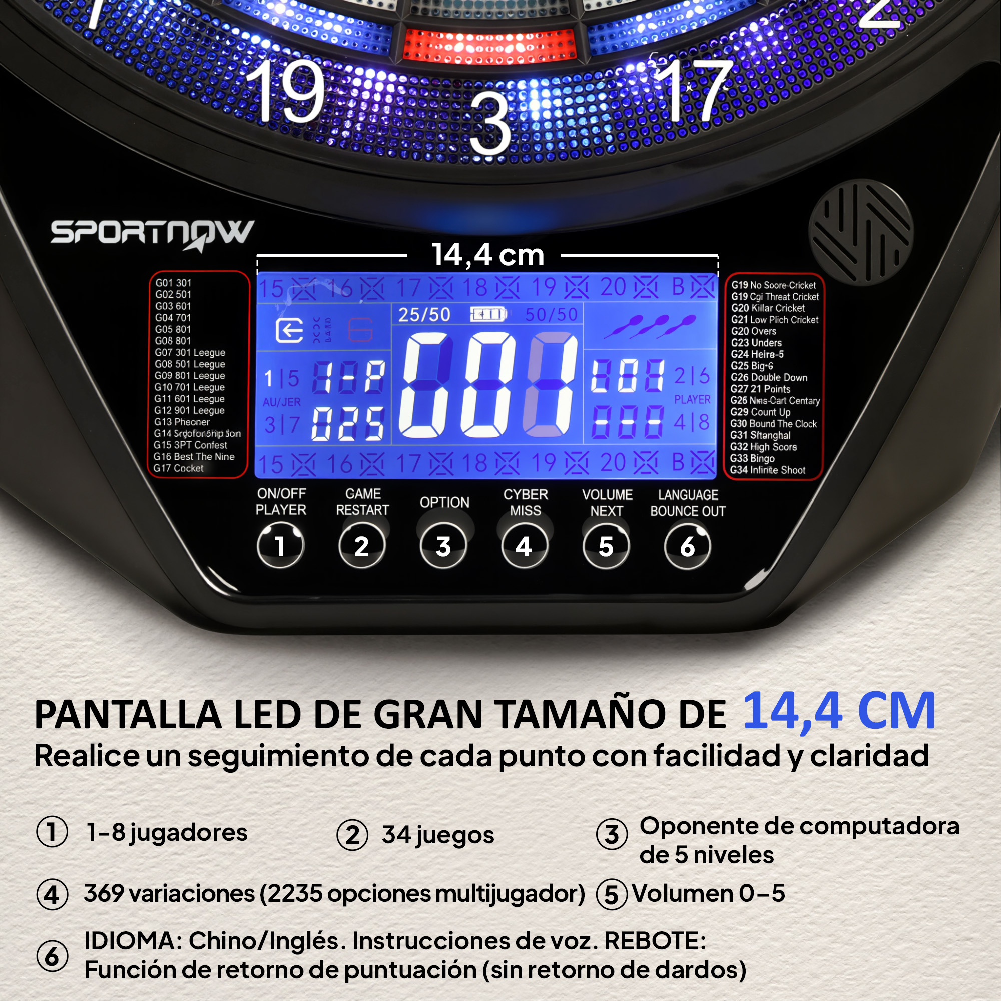 Tablero de dardos con pantalla LED, opciones de juego y nombres.