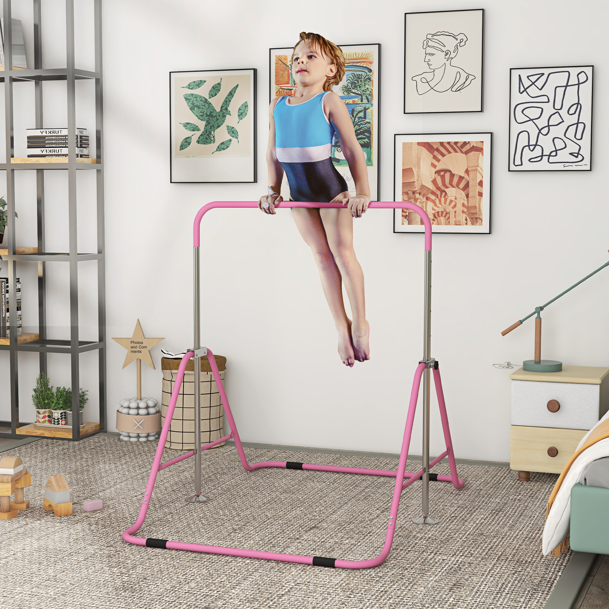 Una niña practica en una barra horizontal rosa en una habitación.