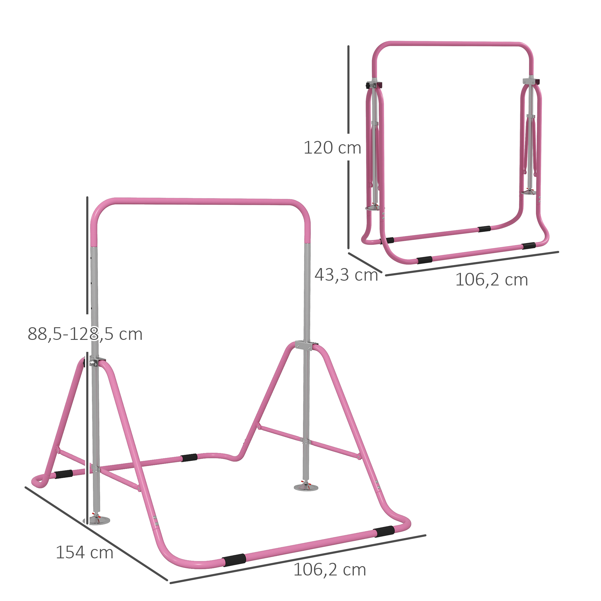 Barra de gimnasia ajustable rosa con dimensiones. Para entrenamiento.