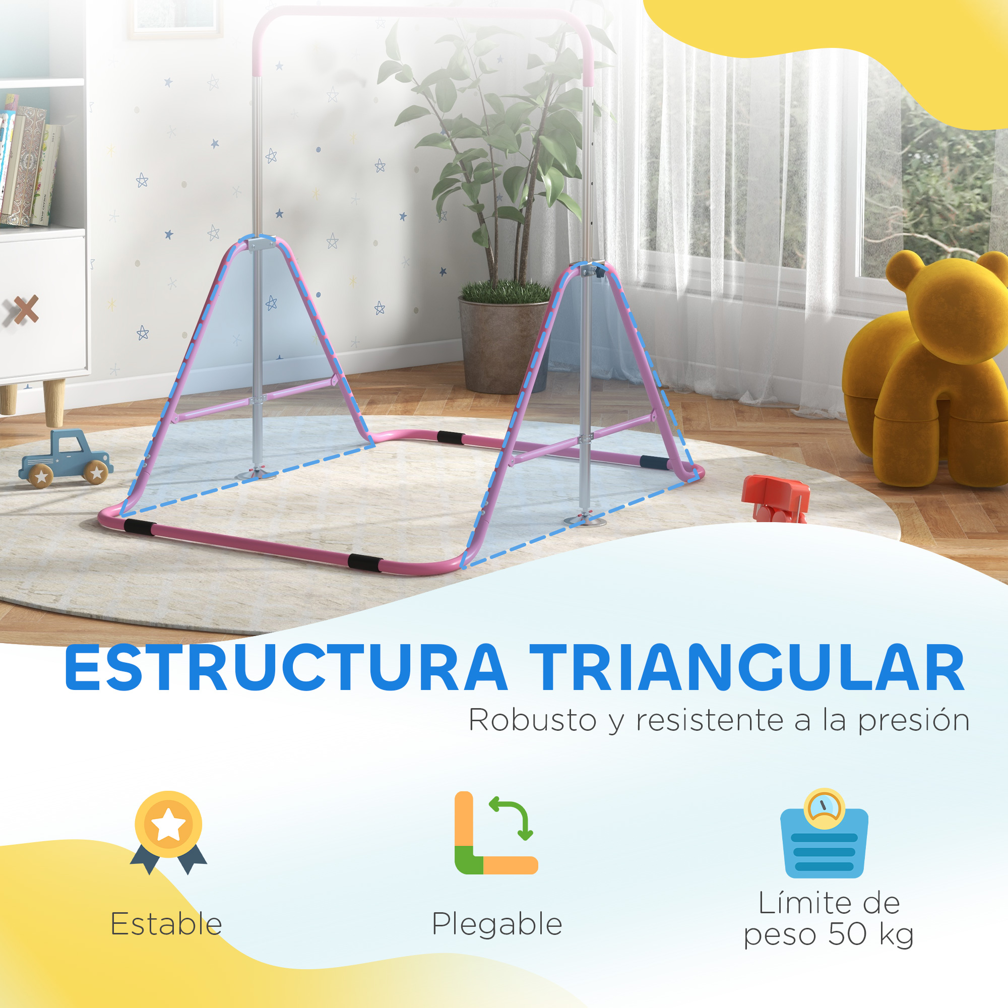 Un parque infantil de estructura triangular rosa se sienta sobre una alfombra junto a un coche de juguete y un oso de peluche.