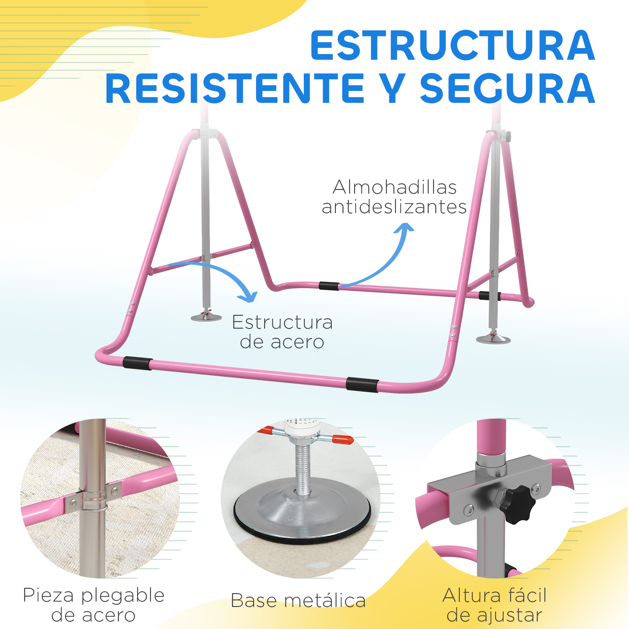 Estructura metálica rosa con detalles: pies ajustables, piezas plegables, almohadillas.