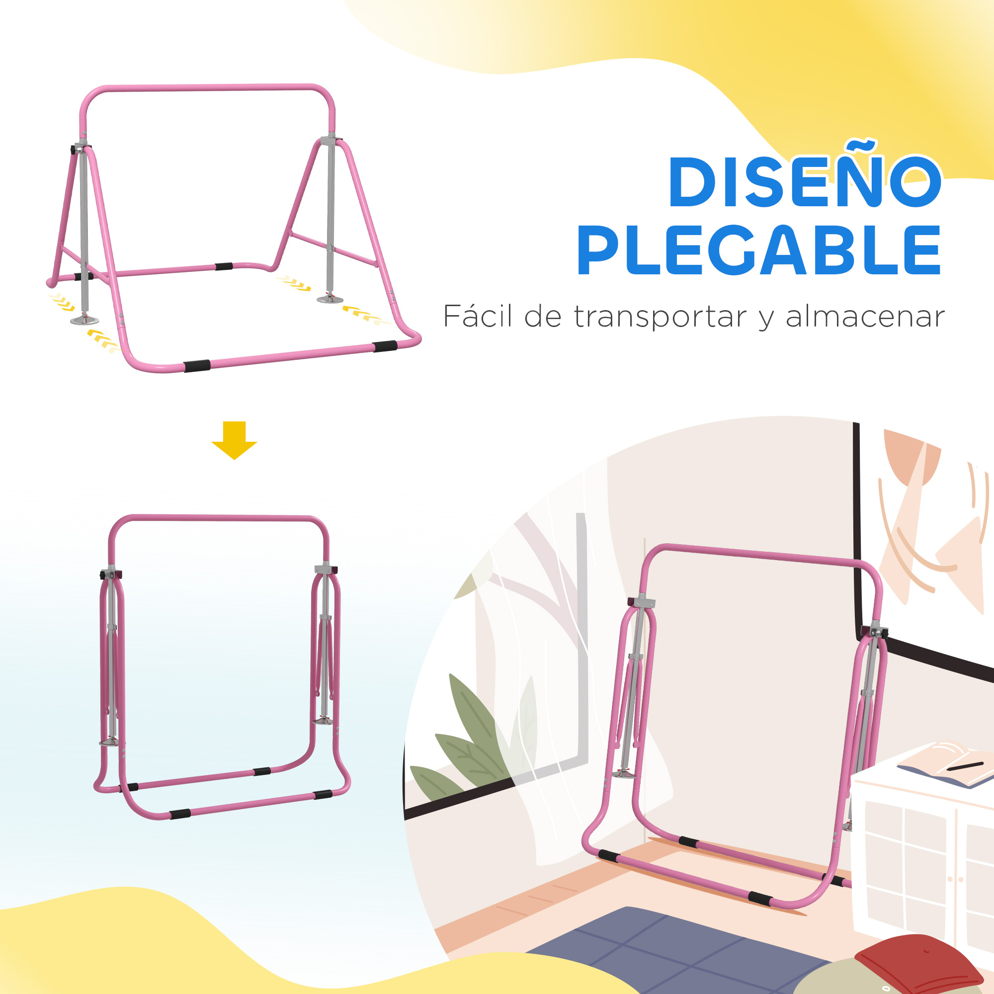 Una barra de gimnasia rosa y plegable para niños, mostrada montada y plegada.