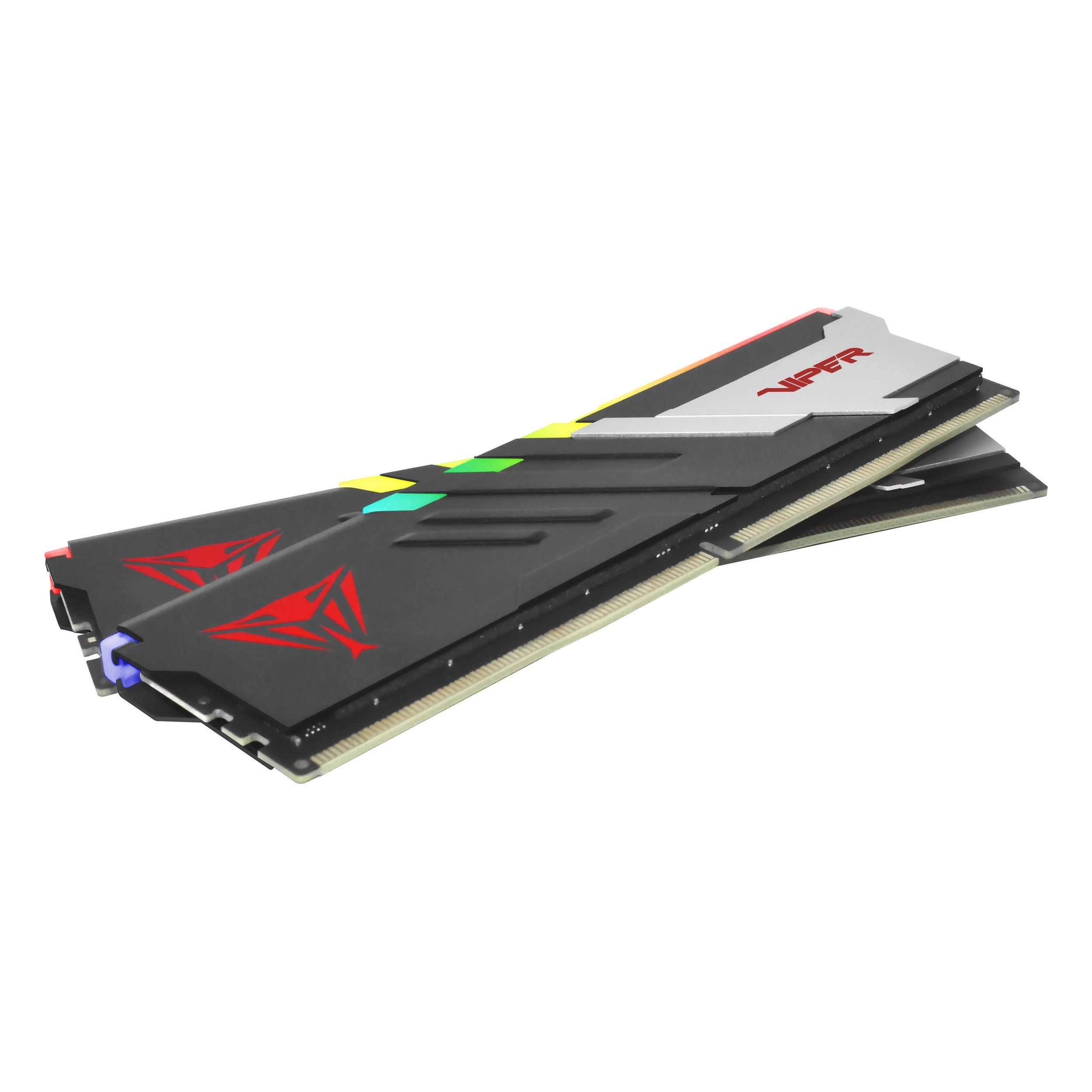 Due moduli RAM Viper neri con loghi rossi e illuminazione RGB su sfondo bianco.
