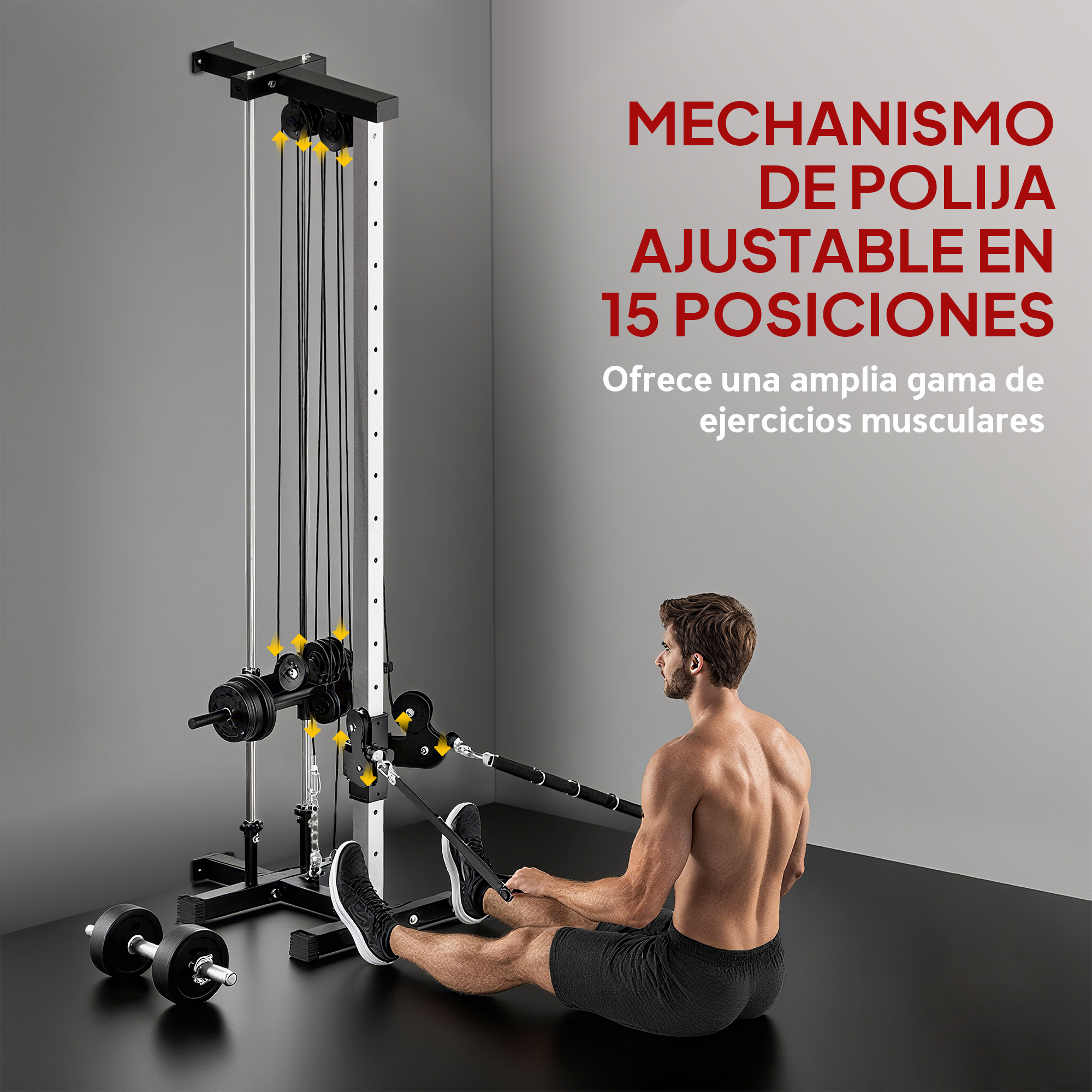 Hombre haciendo ejercicio con máquina de poleas y mancuernas.