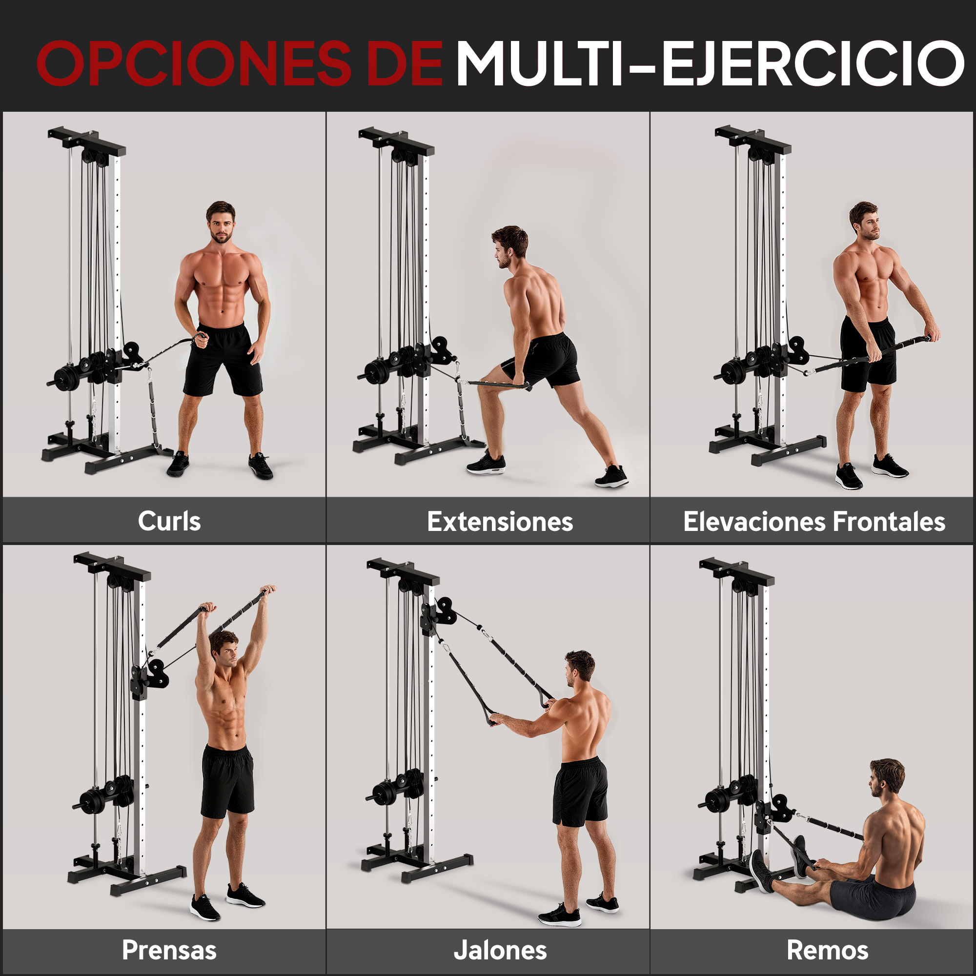 Hombre realiza ejercicios en máquina de poleas: curls, extensiones, elevaciones frontales, press, remos.