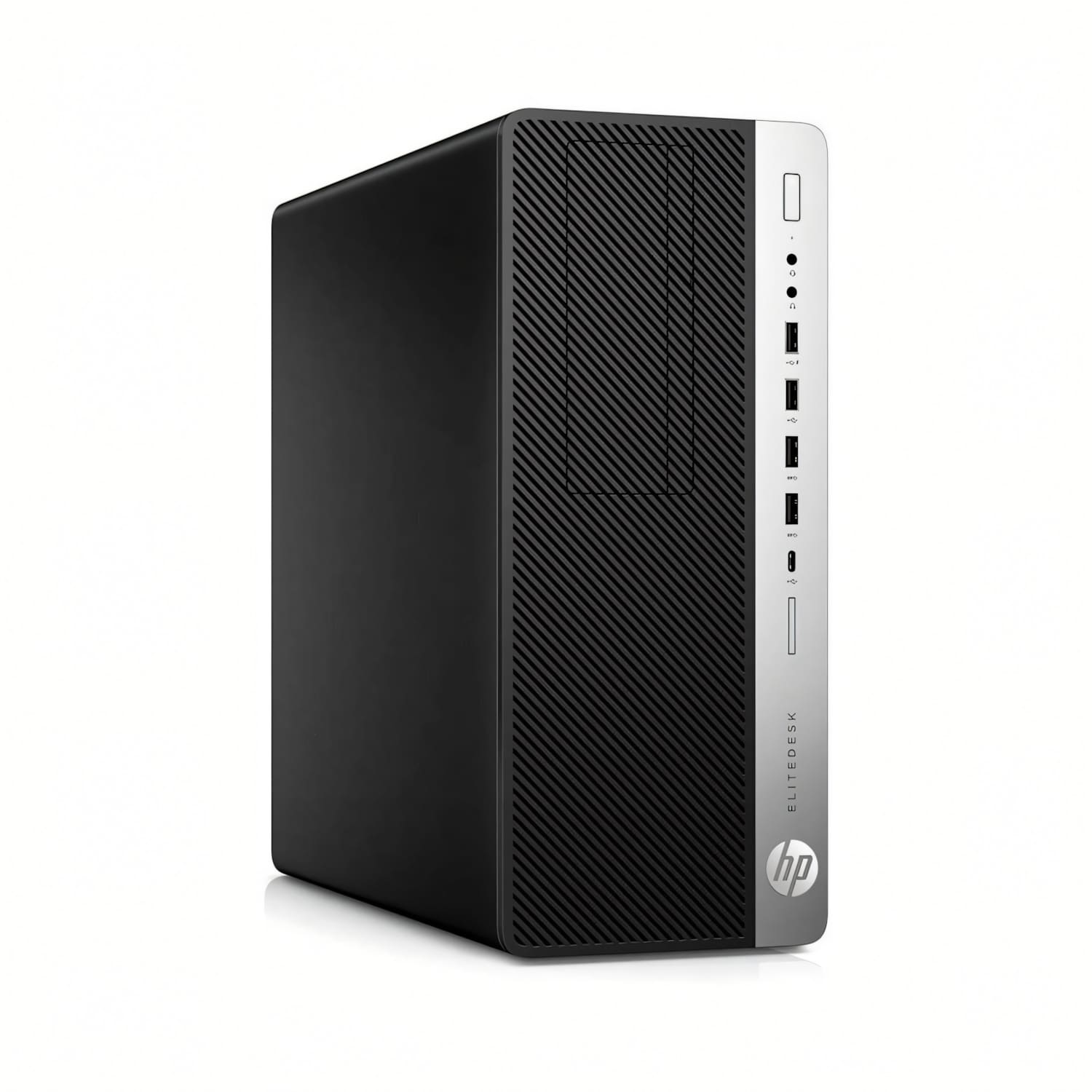 Ordenador torre HP Elitedesk negro con panel frontal y puertos plateados.