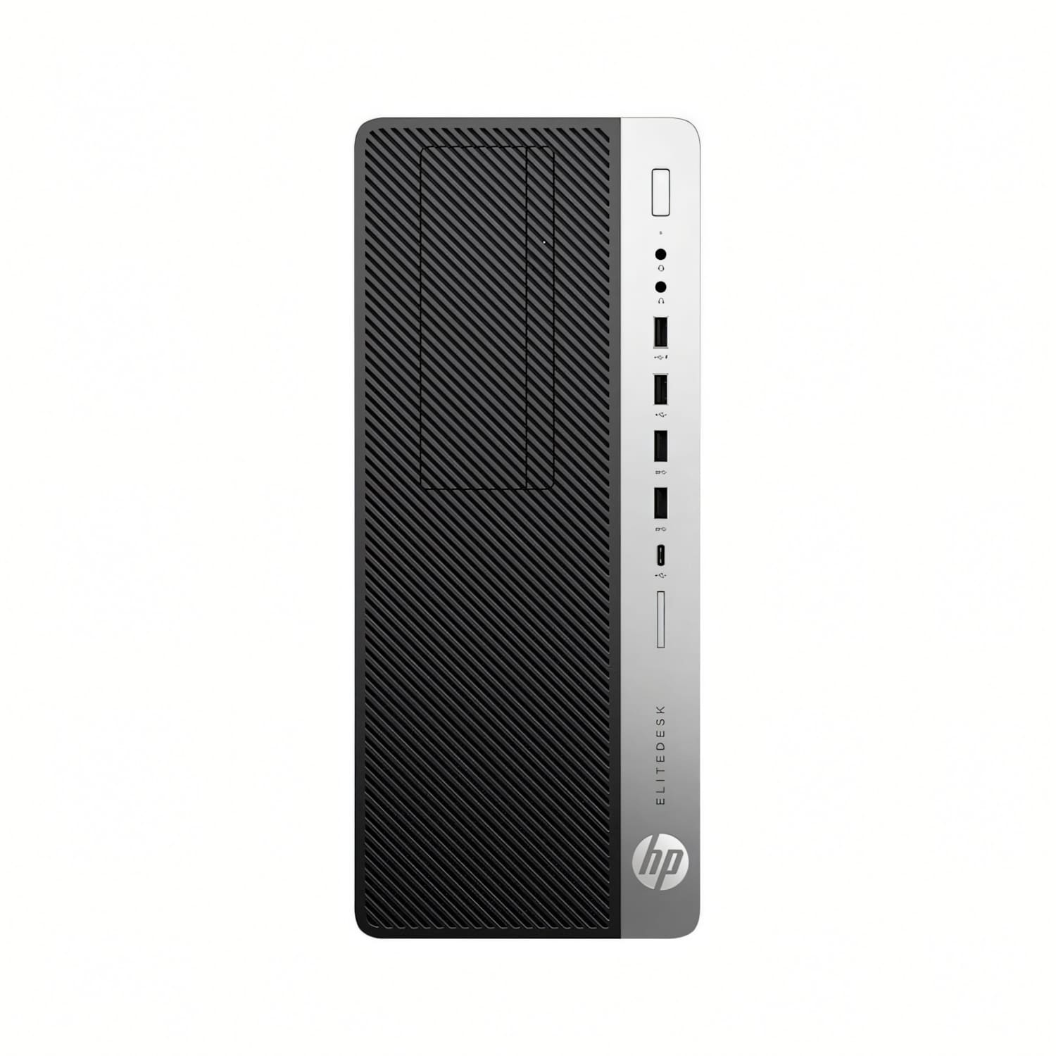 Una torre de ordenador HP EliteDesk negra con panel frontal plateado y puertos.