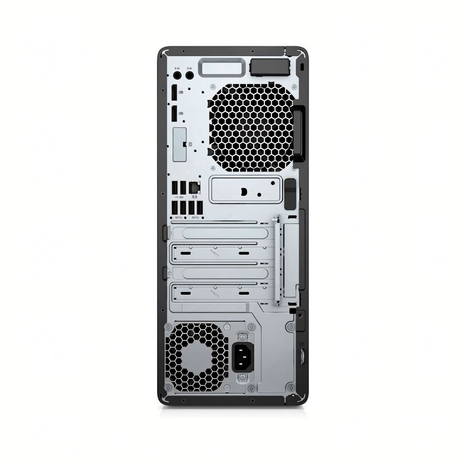 Parte trasera de un PC negro con rejillas de ventilador y puertos.