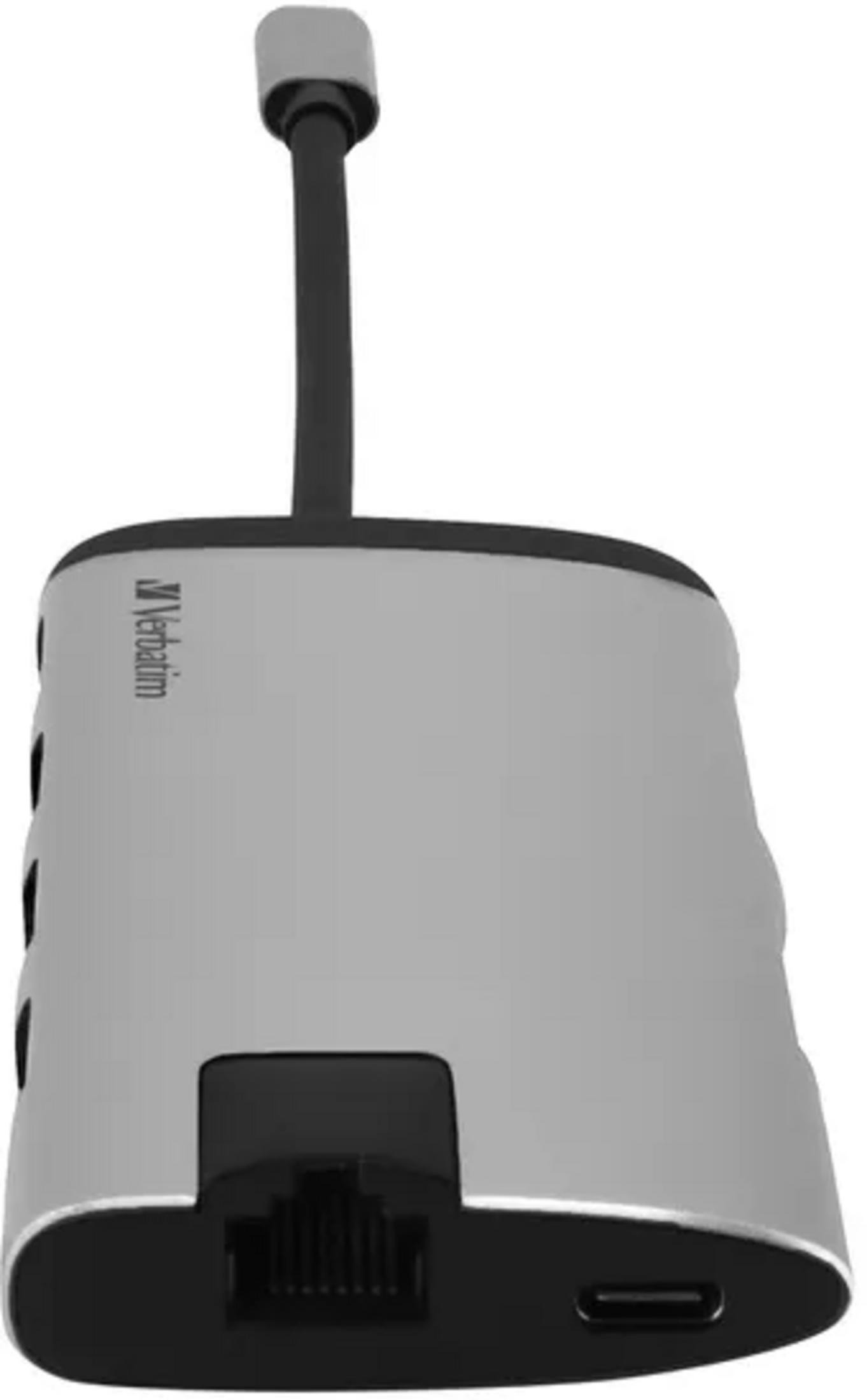 Ein silberner Verbatim-Adapter mit Ethernet- und USB-C-Anschlüssen.