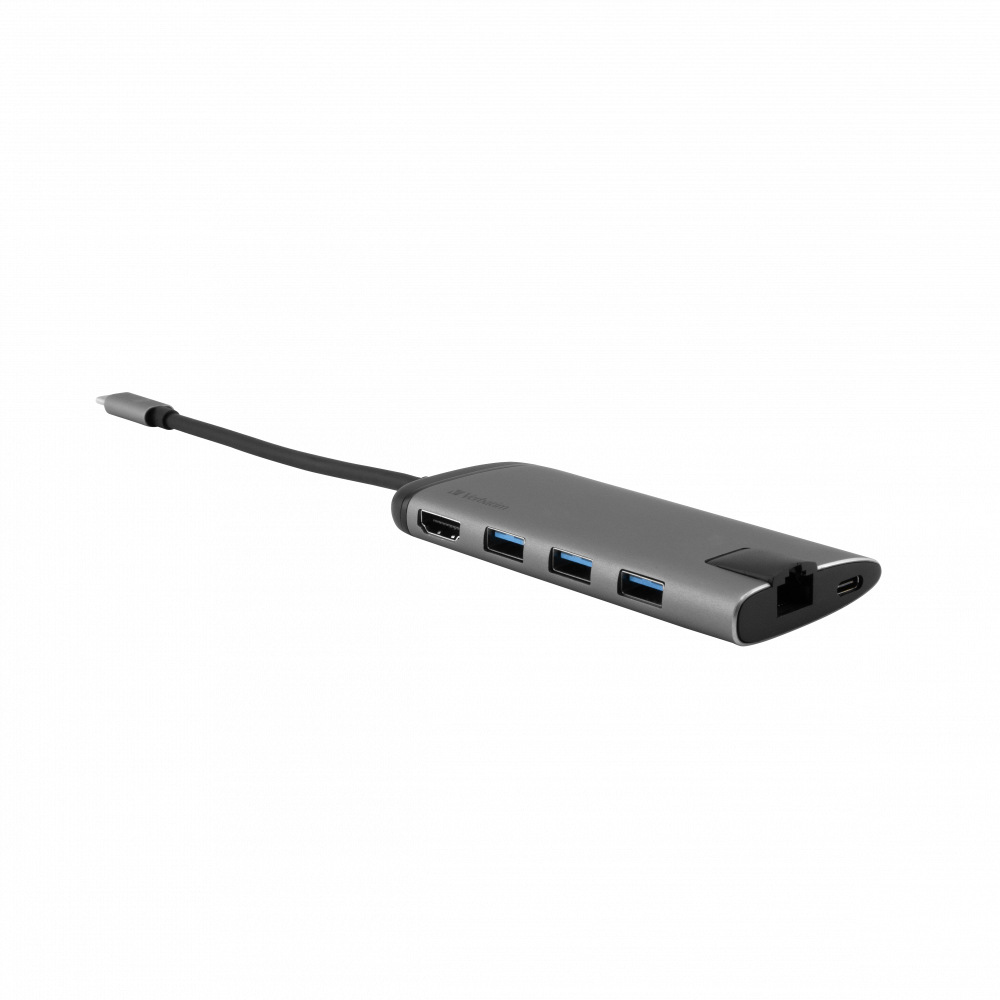Grauer USB-C-Hub mit HDMI, 2 USB-A-Anschlüssen, Ethernet und USB-C-Ladeanschluss.