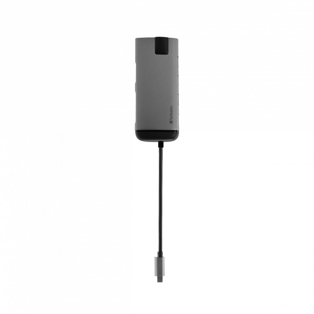 Grauer USB-C-Hub mit schwarzem Akzent und Kabel, auf weißem Hintergrund.