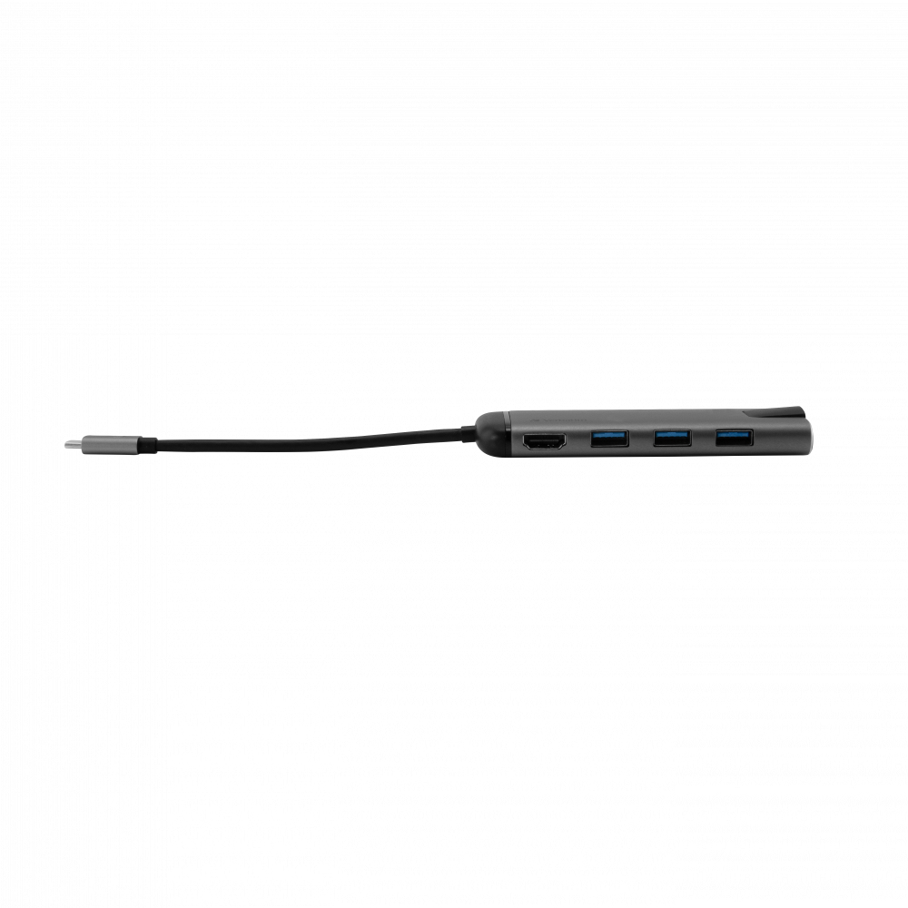 Grauer USB-C-Hub mit HDMI und 3 USB-A-Anschlüssen auf weißem Hintergrund.
