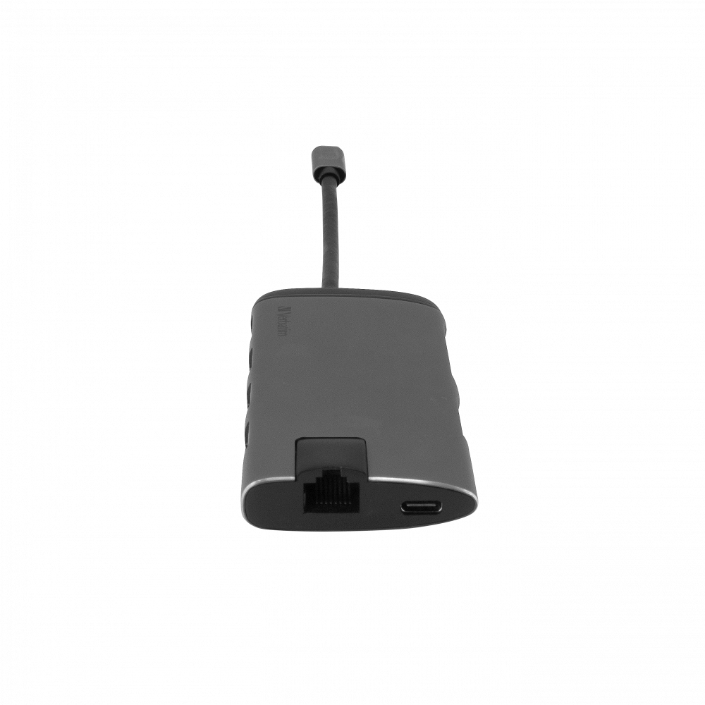 Grauer Adapter mit Ethernet-Port und USB-C-Anschluss, mit Kabel.
