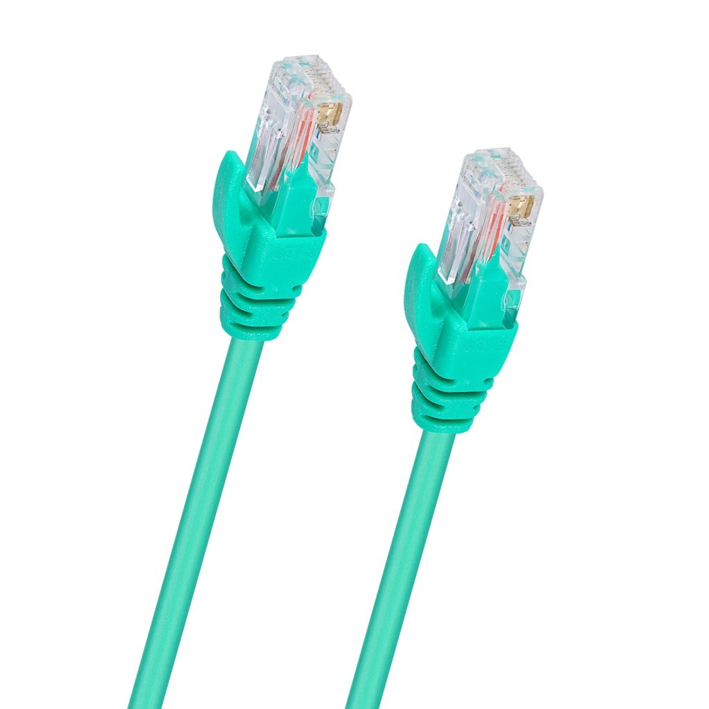 Beyaz arka plan üzerinde RJ45 konektörlü iki turkuaz ağ kablosu gösterilmektedir.