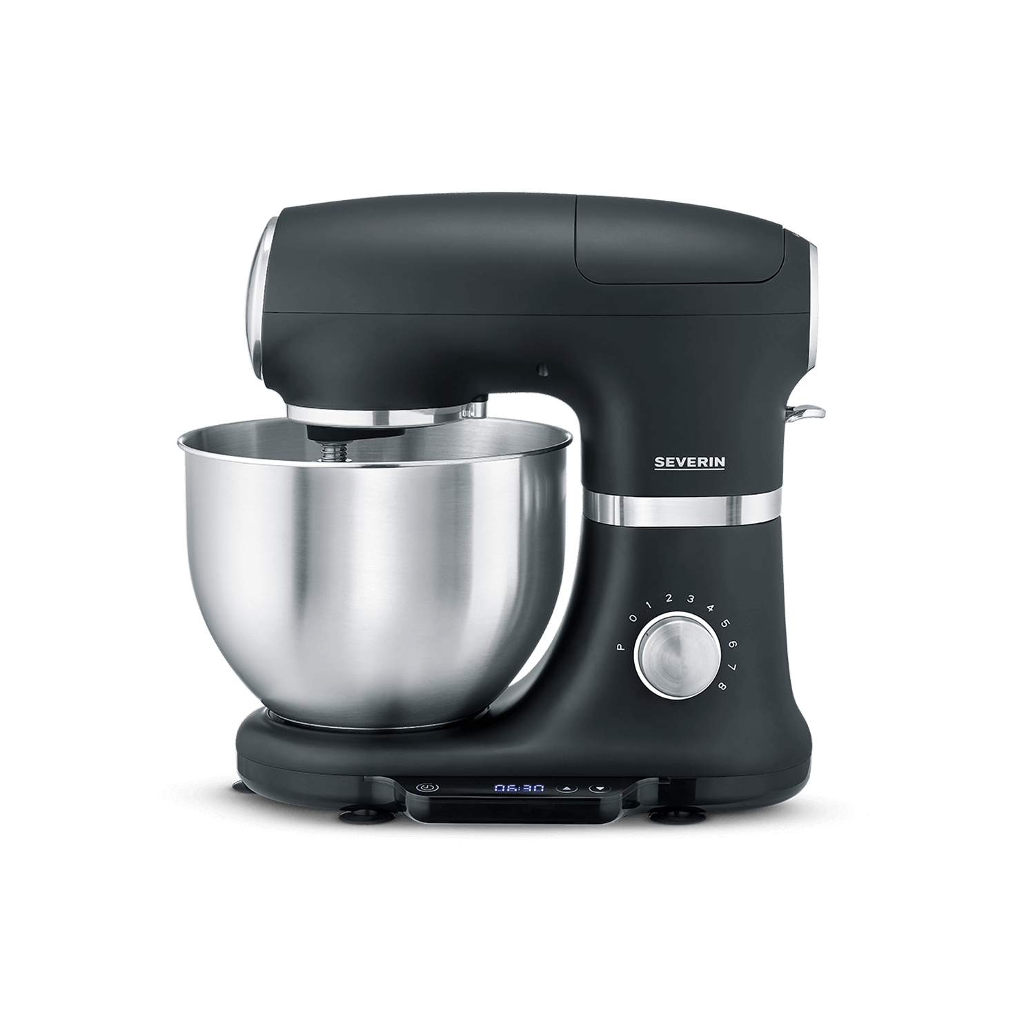 Dunkelgrauer Küchenmixer mit Edelstahlschüssel und digitaler Anzeige.