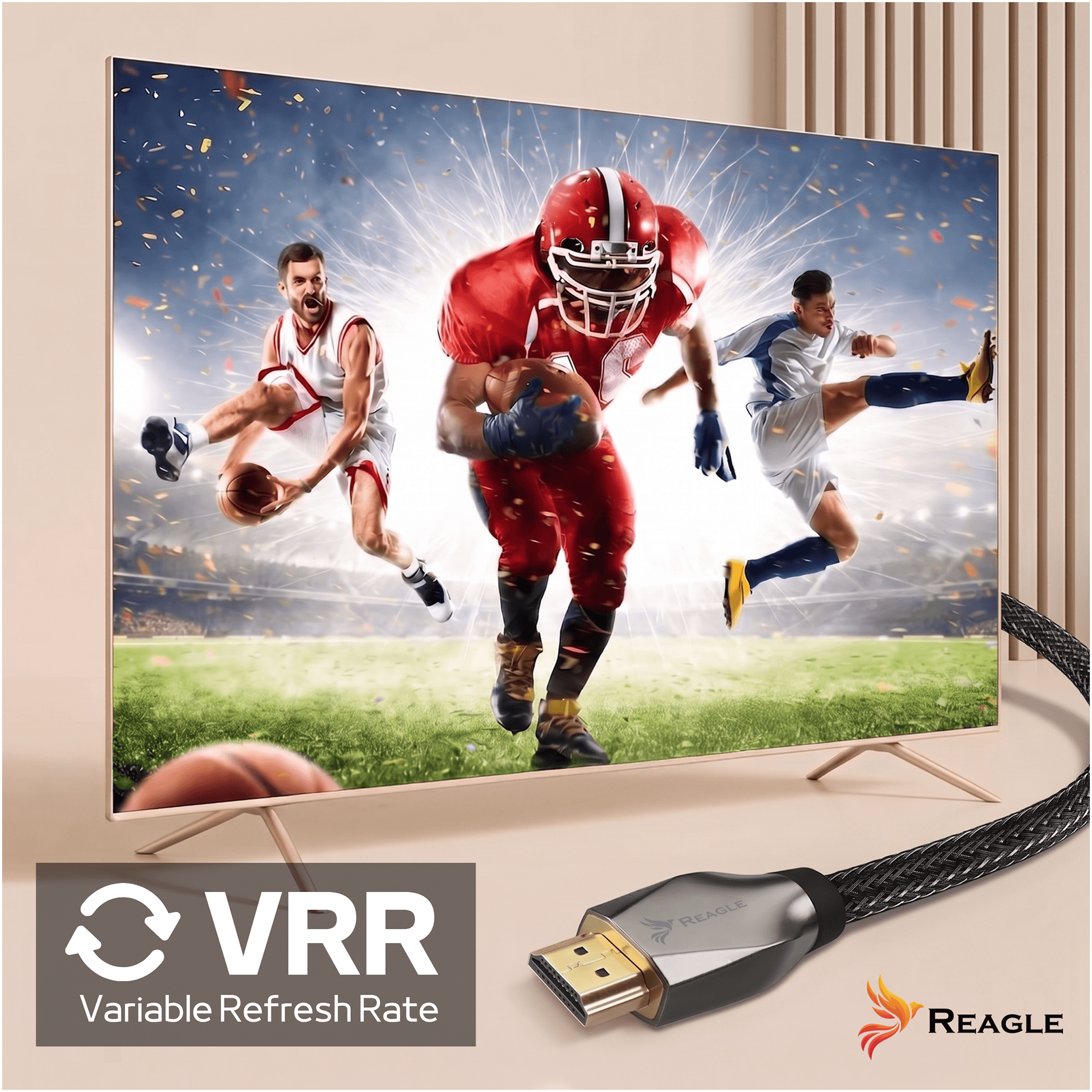Telewizor wyświetla trzech sportowców: futbol, koszykówkę i piłkę nożną. Obok leży kabel HDMI.