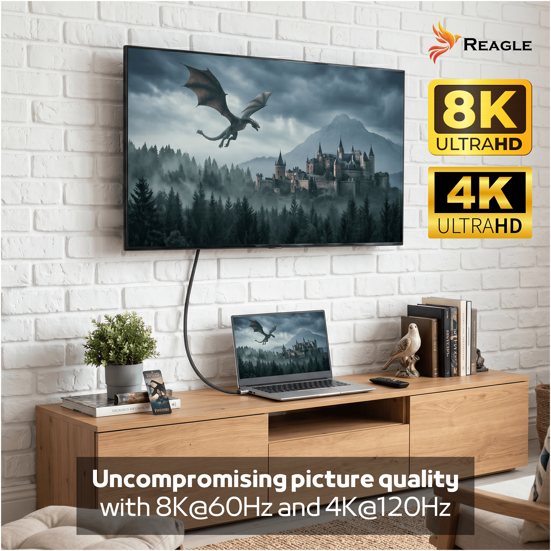 Telewizor i laptop wyświetlają smoka przed zamkiem. Loga "8K ULTRAHD" i "4K ULTRAHD".