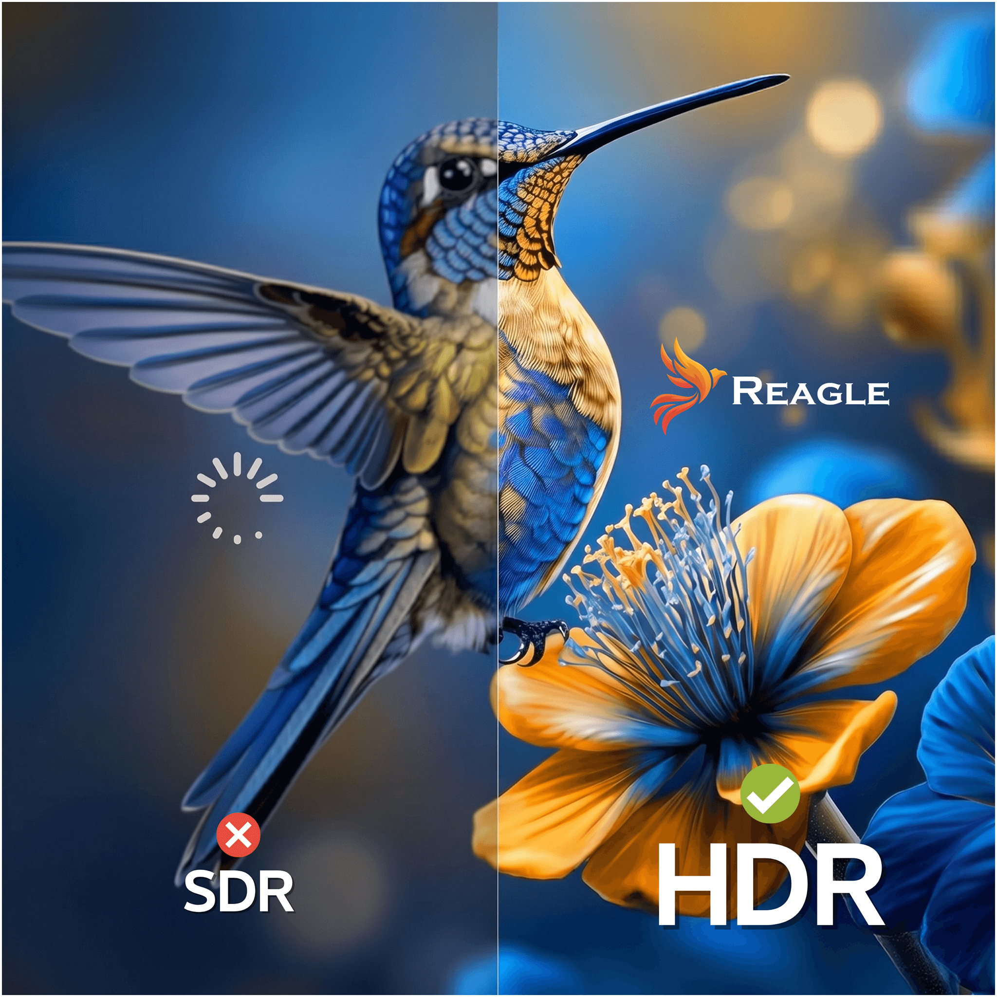 Podzielony obraz: koliber SDR po lewej i żywy koliber HDR z kwiatem.