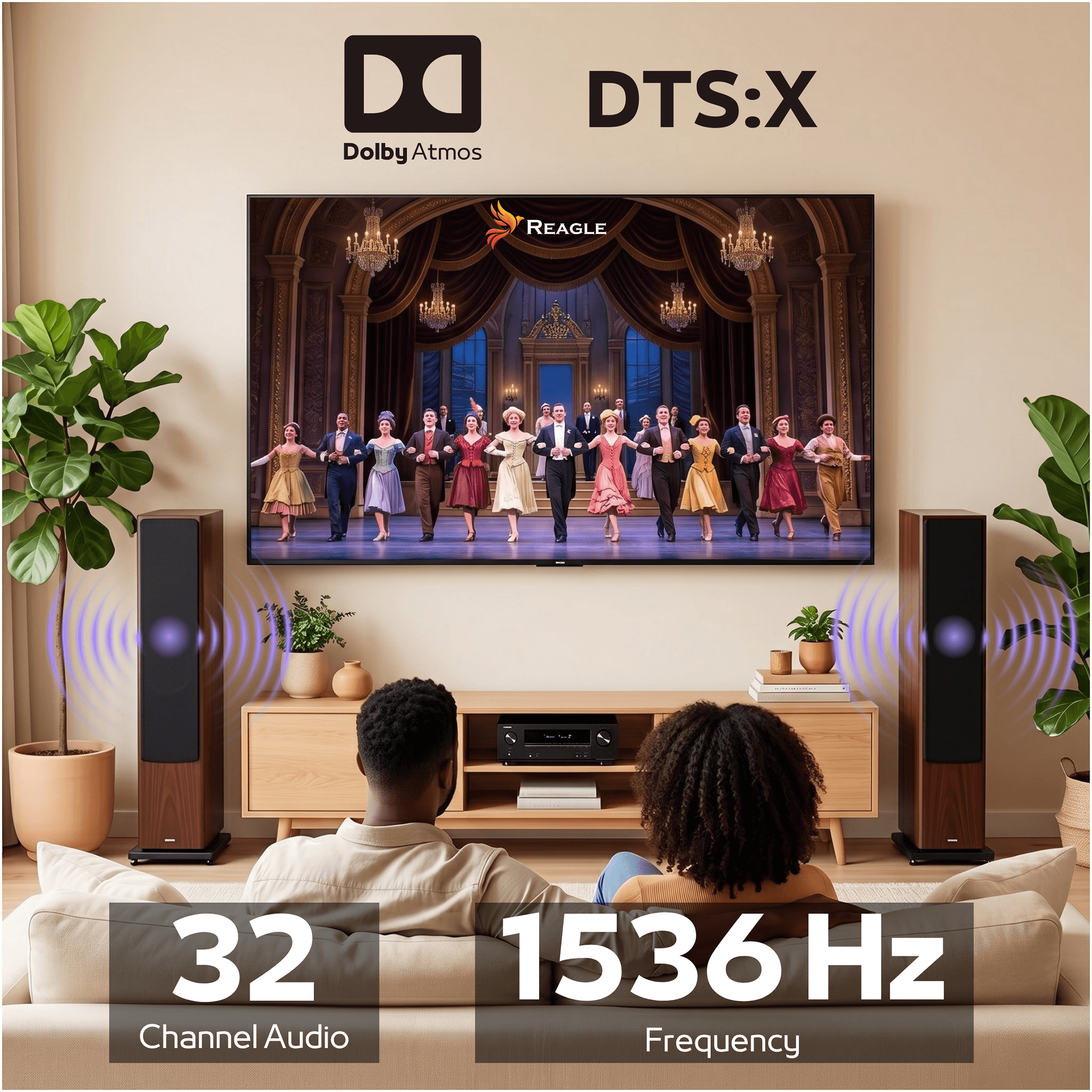 Para ogląda telewizję z Dolby Atmos i DTS:X. Dźwięk 32-kanałowy.