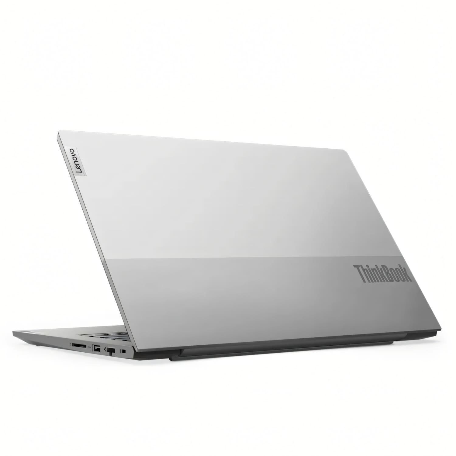 Un portátil Lenovo ThinkBook plateado se muestra sobre un fondo blanco.