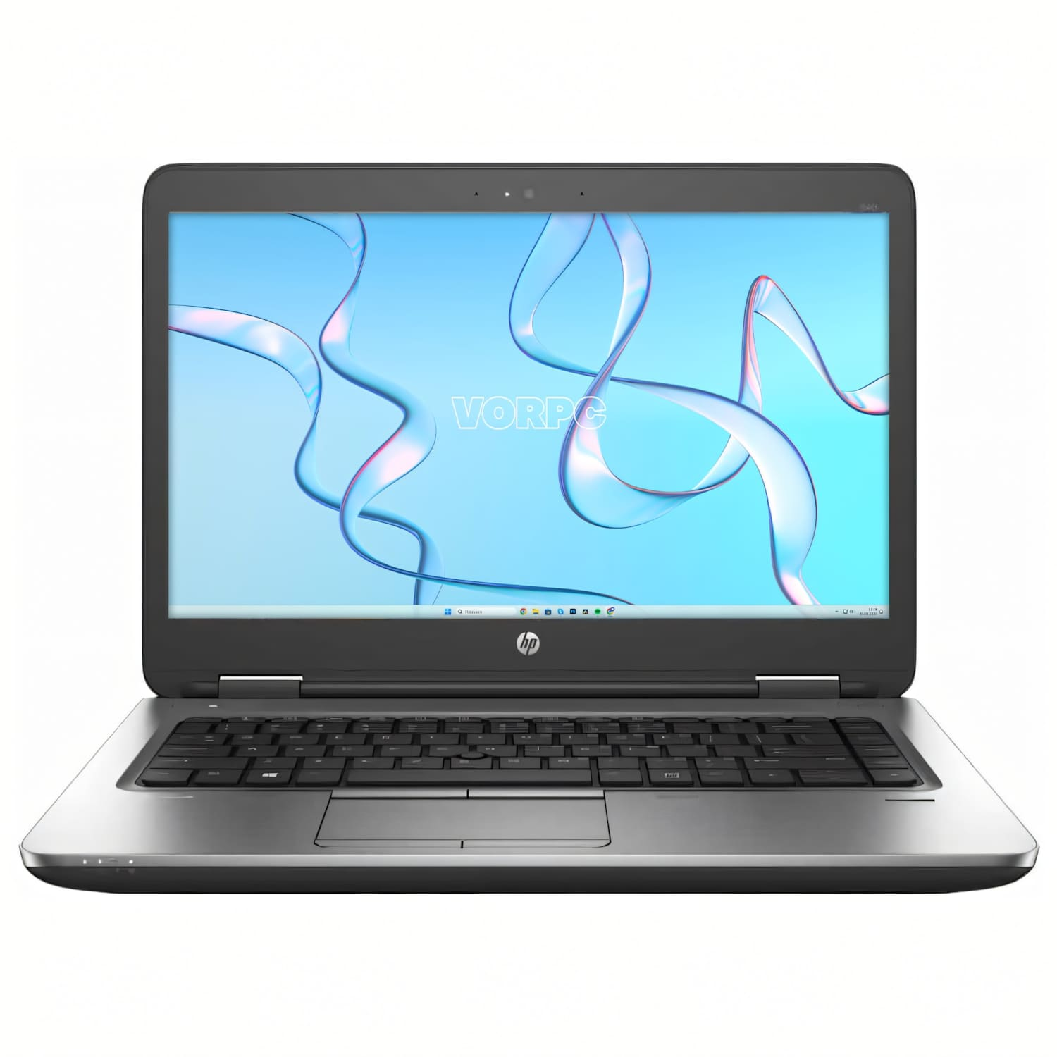 Un portátil HP abierto con pantalla azul que muestra cintas blancas y el texto VORPG.